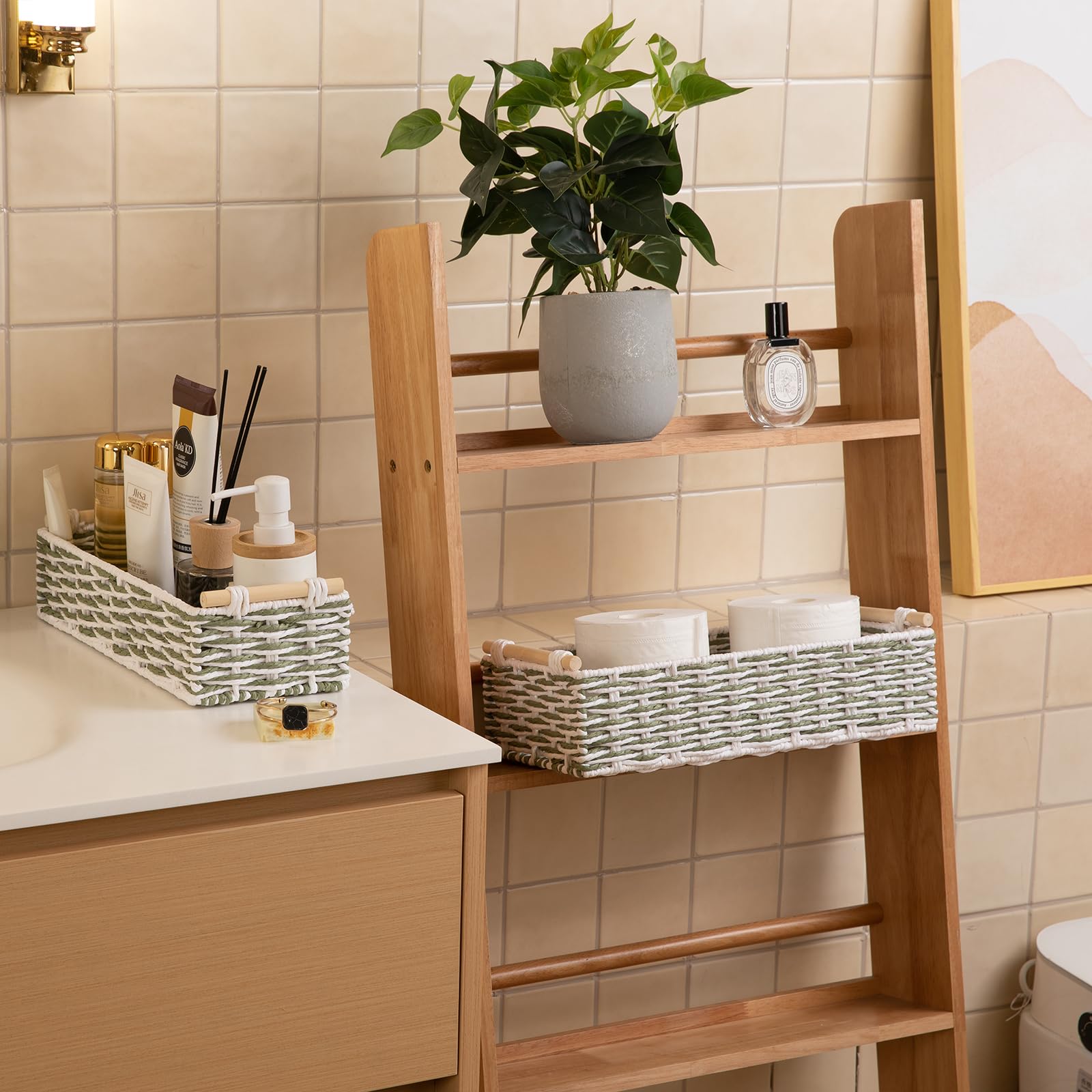 Toilet Paper Baskets Handmade Paper Rope Decorative Wicker Storage Tank Shelf Cabinet Organizer for Bathroom Home (2 Count)