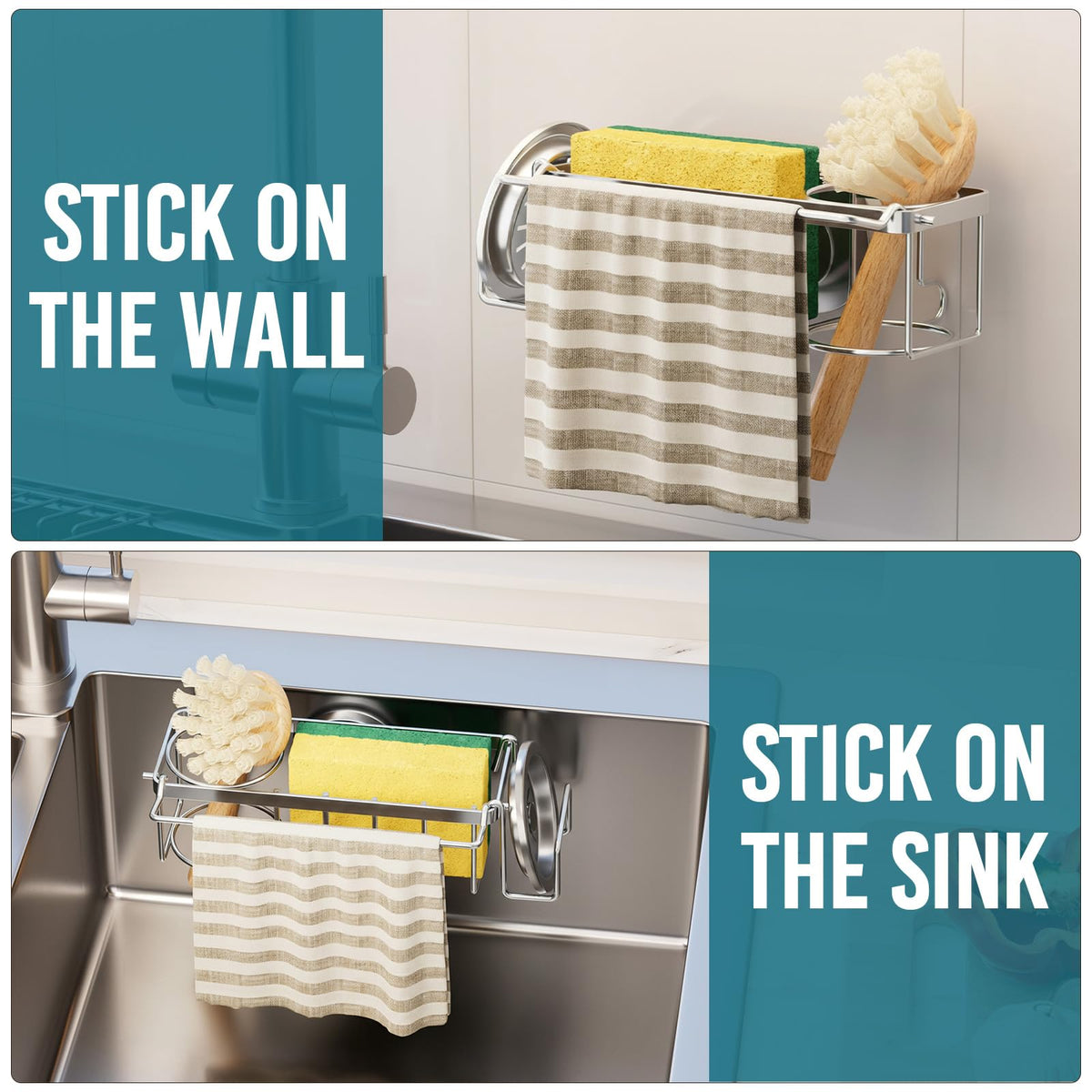 4-in-1 Sink Sponge Holder for Kitchen with Strong Suction Cup-Silver