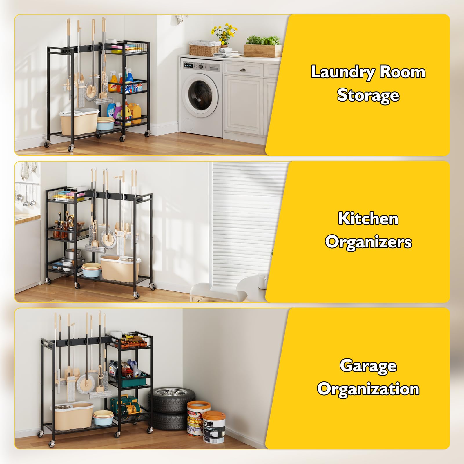 Broom Holder with Cleaning Supplies Organizer
