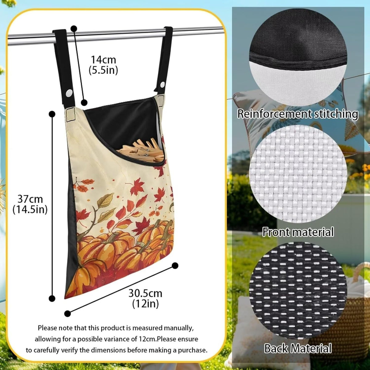 Maple Leaf Clothespin Bag Thanksgiving Pumpkin Hanging Storage Organizer Clothes Pin Bag Waterproof Laundry Clothespin Bag Clothespin Holder for Clothesline Outdoor