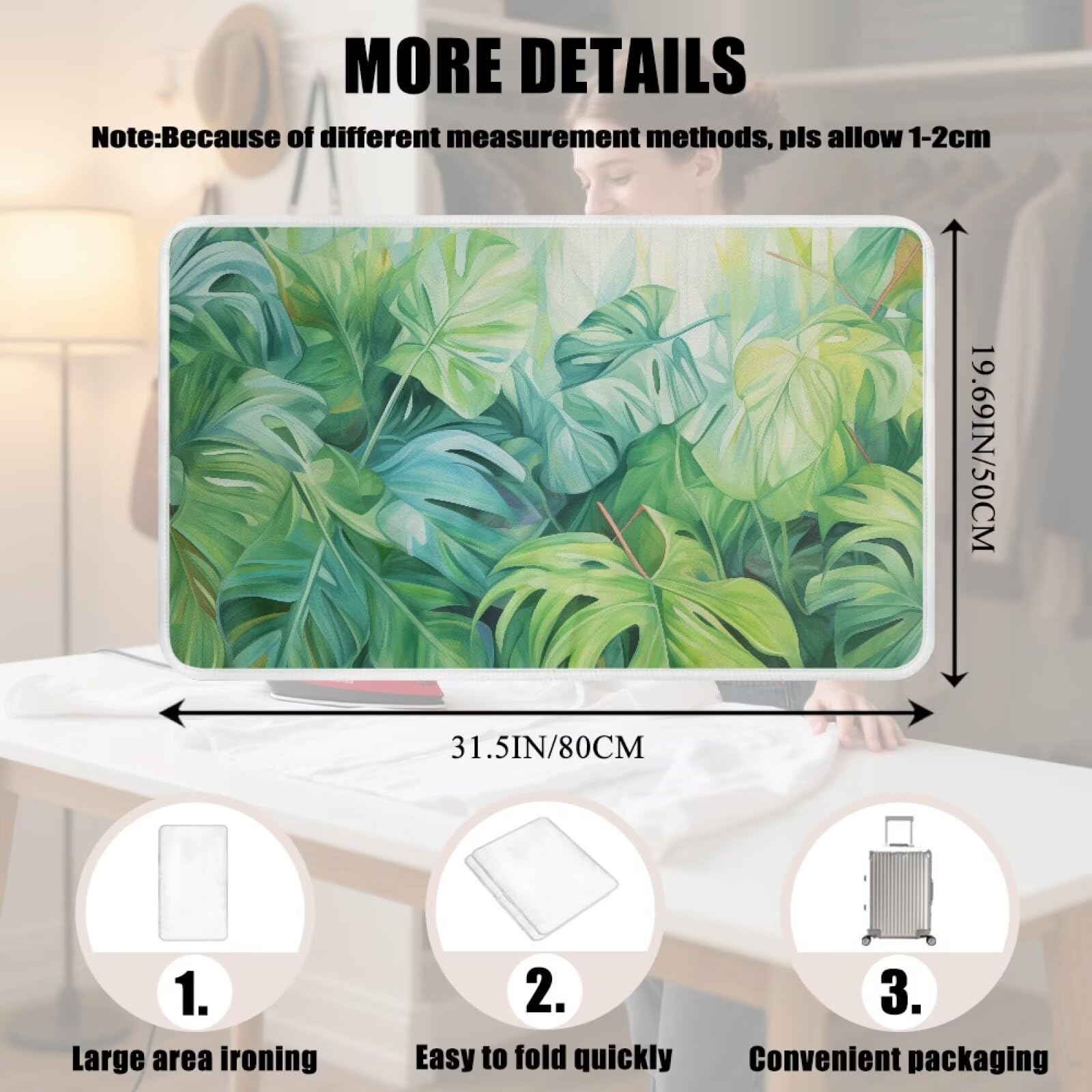 Green Ironing Mat Portable Ironing Pad Monstera Leaf 32 x 16 Inch Large Ironing Mat for Table Top of Washer