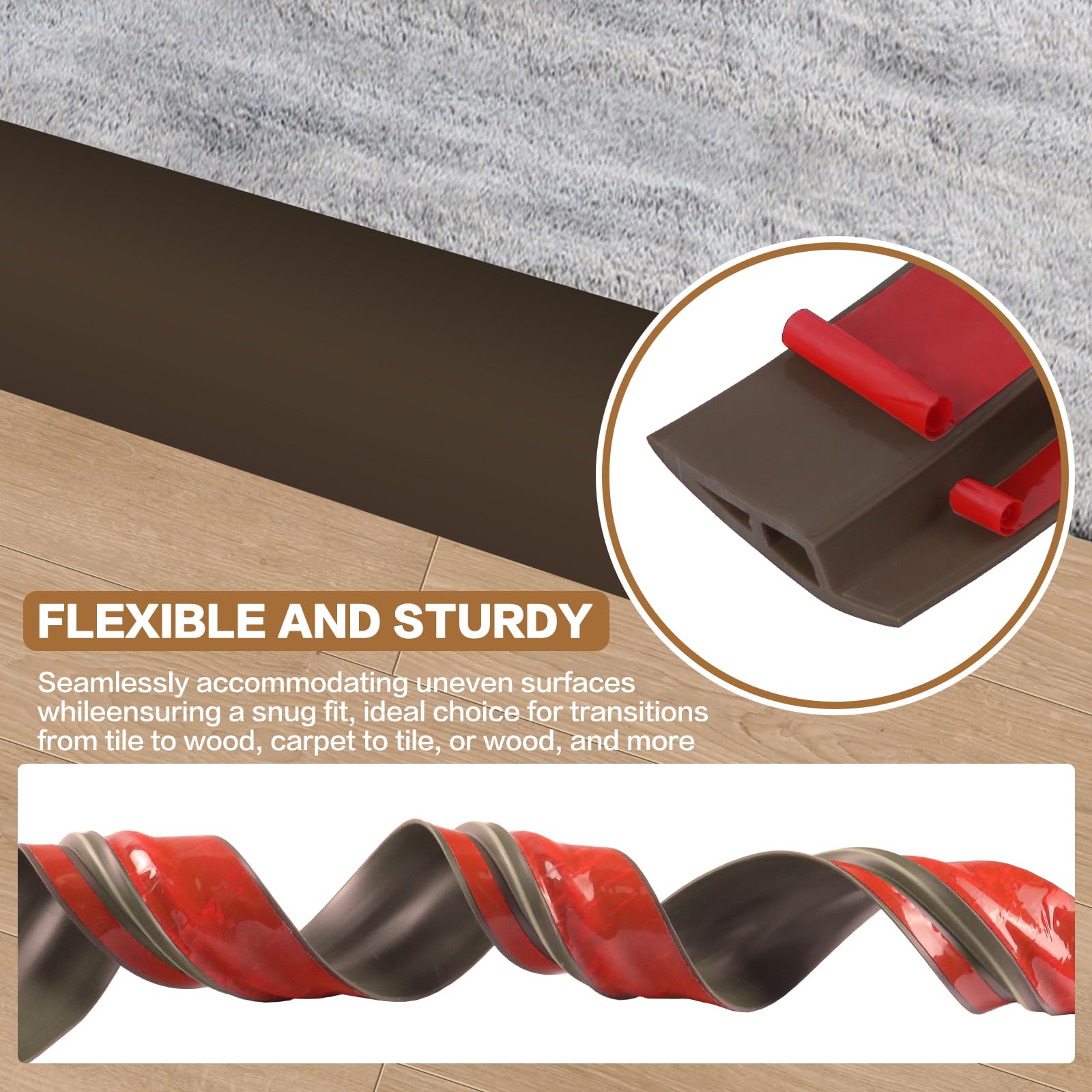 Floor Transition Strip Vinyl Door Threshold Ramp Self Adhesive Carpet Edging Strip Doorway Edge Trim (6.6 Foot)