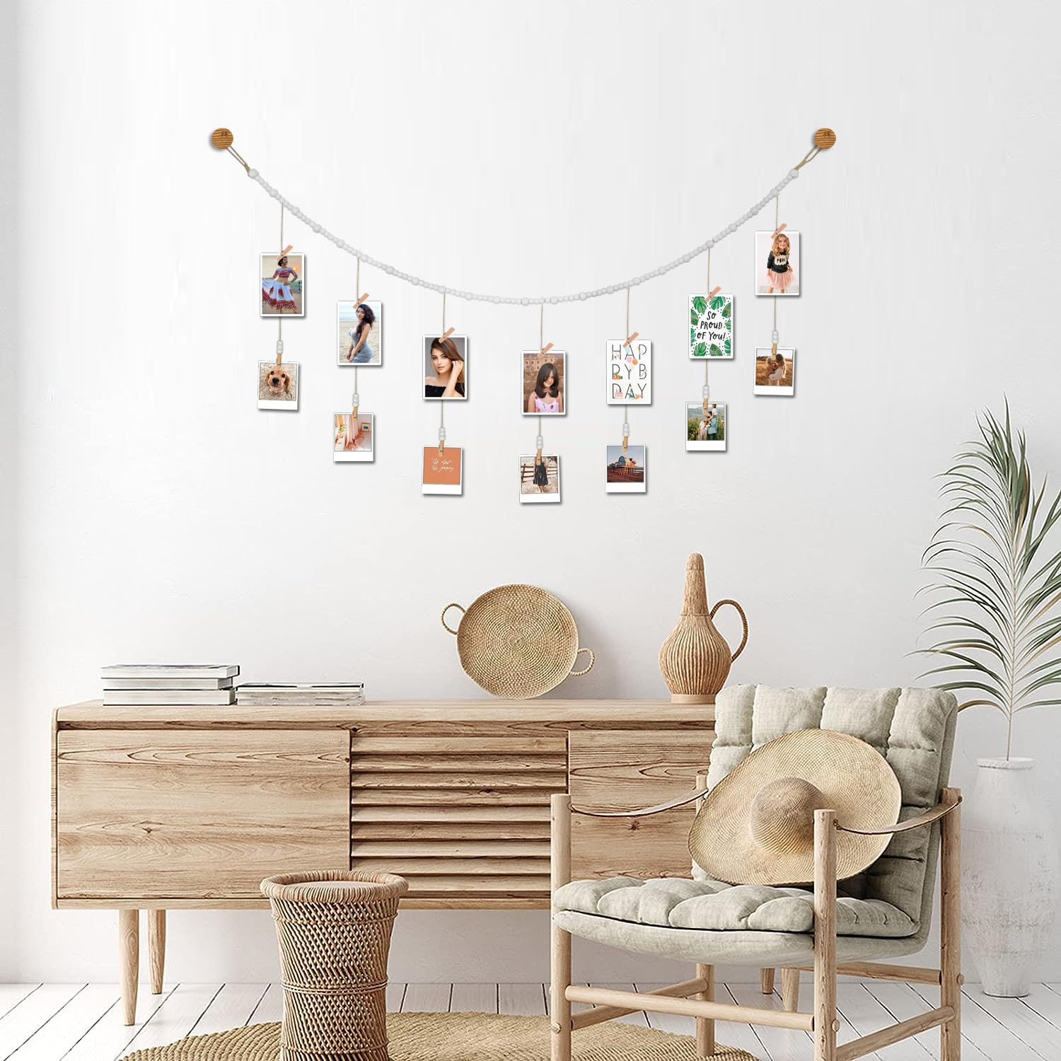 4 Feet Wooden Beads Garland with Clothespins Picture Cards Holder (4 Foot)