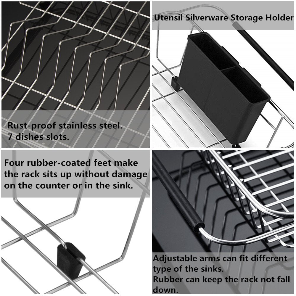 Expandable Dish Drying Rack Over the Sink Dish Drainer Dish Rack in Sink or On Counter with Utensil Silverware Storage Holder