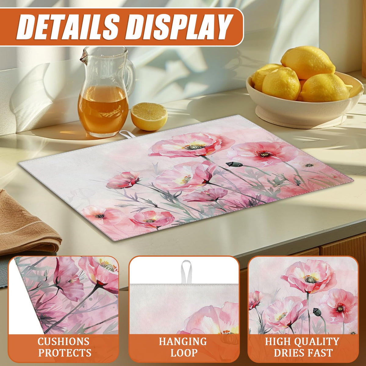 Pink Poppy Flower Dish Drying Mat for Kitchen Counter Microfiber Absorbent Dish Kitchen Drying Mat Draining Reusable Washable for Dishes