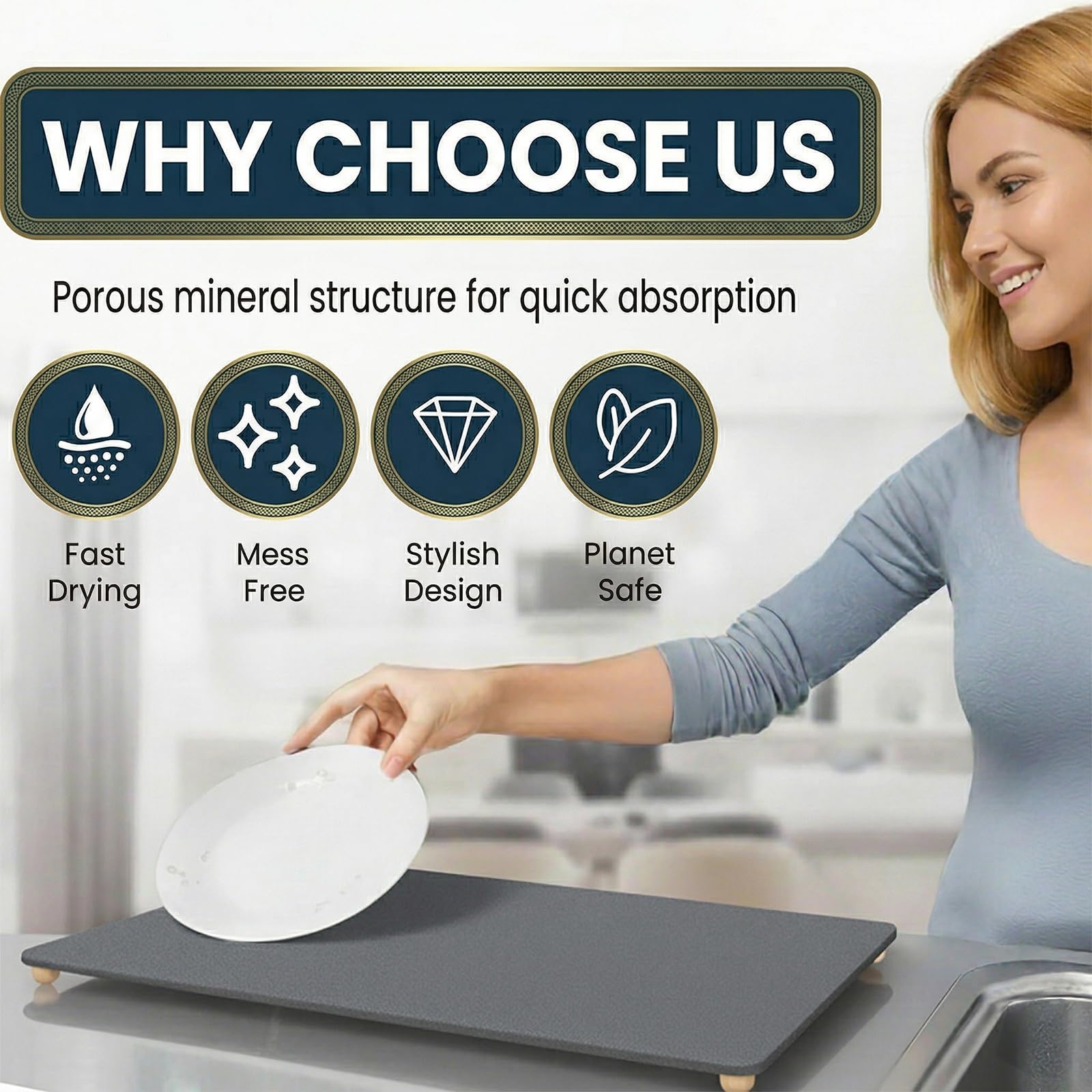 Stone Drying Mat for Kitchen Counter with 5 Wooden Feet