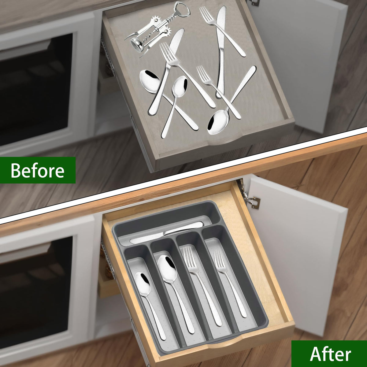 Silverware Organizer 2 Pieces Utenisl Organizer Holder Kitchen Drawer Organizer Plastic Silverware Tray for Drawer Flatware Organizer 5 Compartment Black (2 Count)