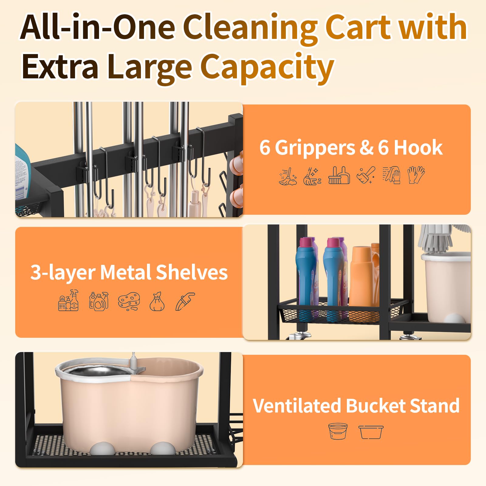 Broom Holder with Cleaning Supplies Organizer