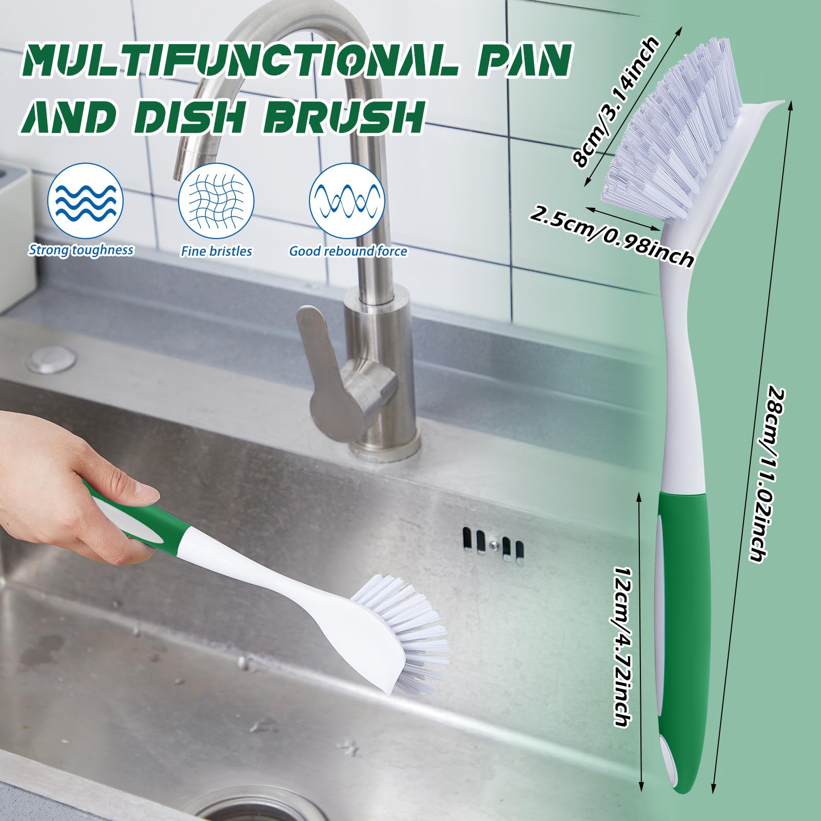 20 Pcs Green Kitchen Scrub Dish Brush Bulk with 11 Inch Anti Slip Handle Cleaning Dish Scrubber with Stiff Bristles Washing Scrub Brushes for Housekeeping for Pots and Pans