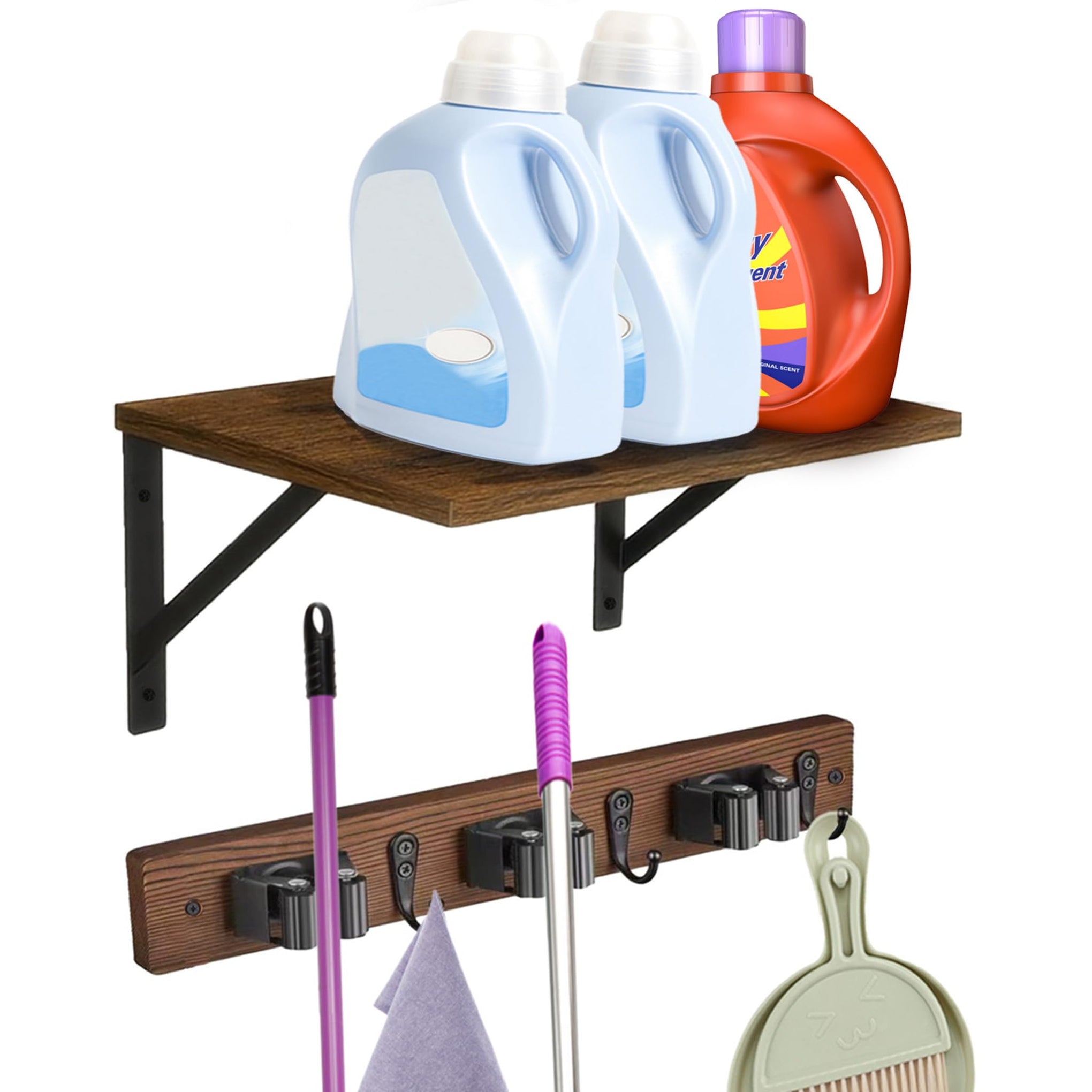 Broom and Mop Organizer Wall Hanging with Cleaning Supplies Organizer Shelf Rustic Farmhouse Wood Broom Mop Holder Storage Rack for Laundry Room Garage
