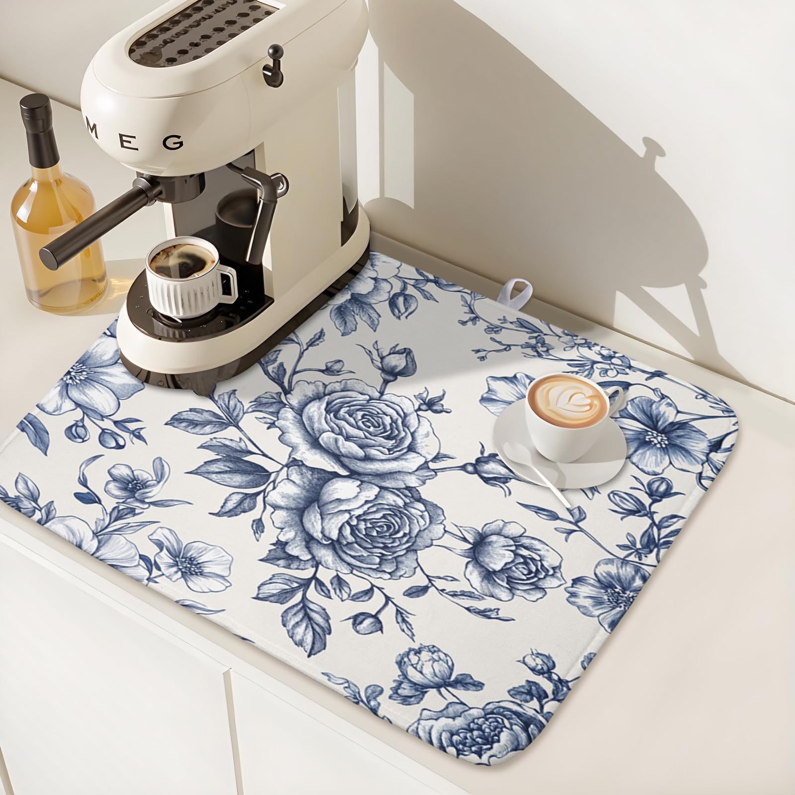 Vintage Floral Dish Drying Mat for Kitchen Counter Blue Floral Chinoiserie Pattern Dish Drying Pad 16x18 In Absorbent French Farmhouse Decor Dishes Drainer Pad Dish Dry Rack Mat for Counter Coffee Bar