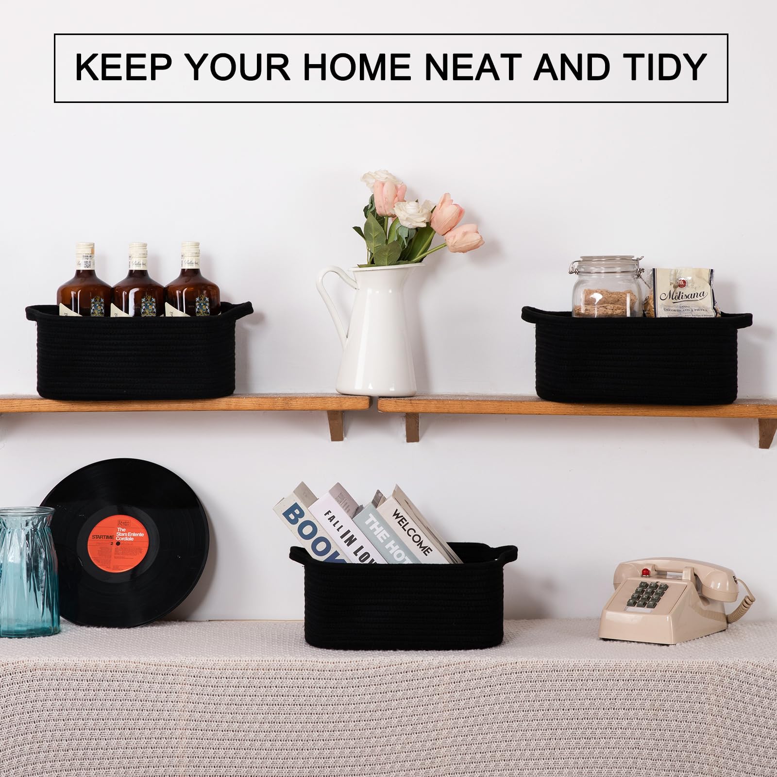 3 Pack Storage Baskets for Shelves Cotton Rope Storage Bins Black (3 Count)