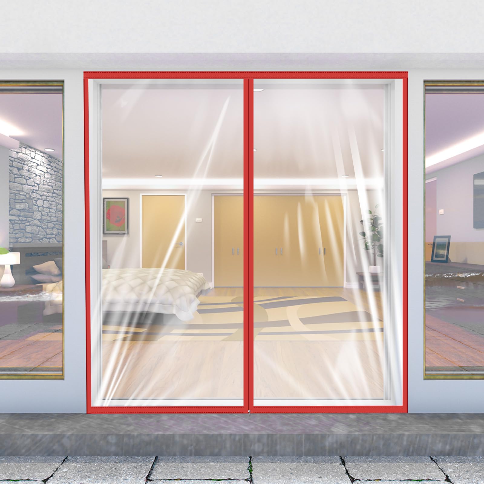 Zipper 72 x 80 Inch Dust Barrier Door Red 6 x 6.7 ft Winter Construction Door Reusable Plastic Curtain Cover Containment Standard Doorway Temporary Wall Screen Sheeting for Bathroom Hallway