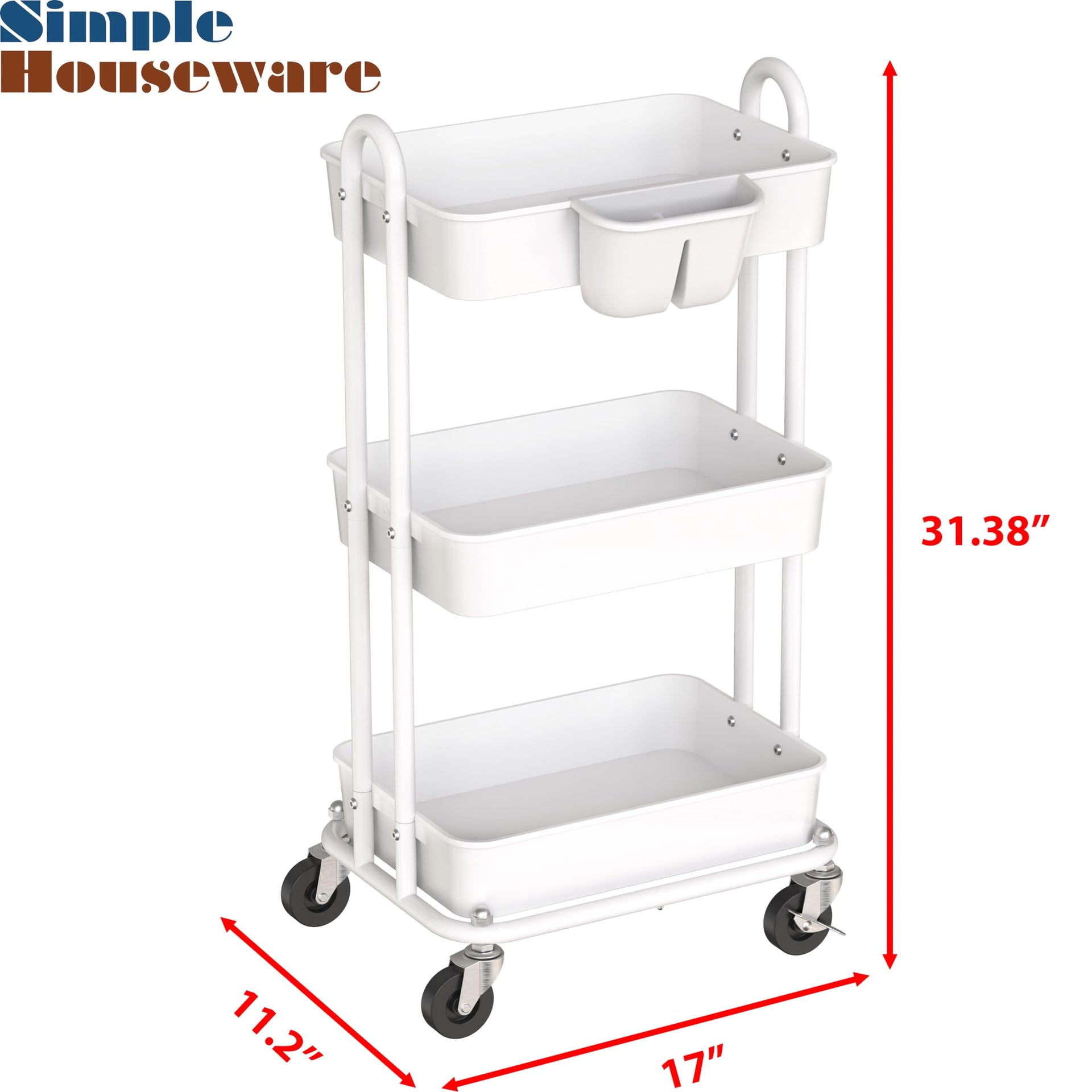 3 Tier Rolling Utility Cart with Hanging Bucket