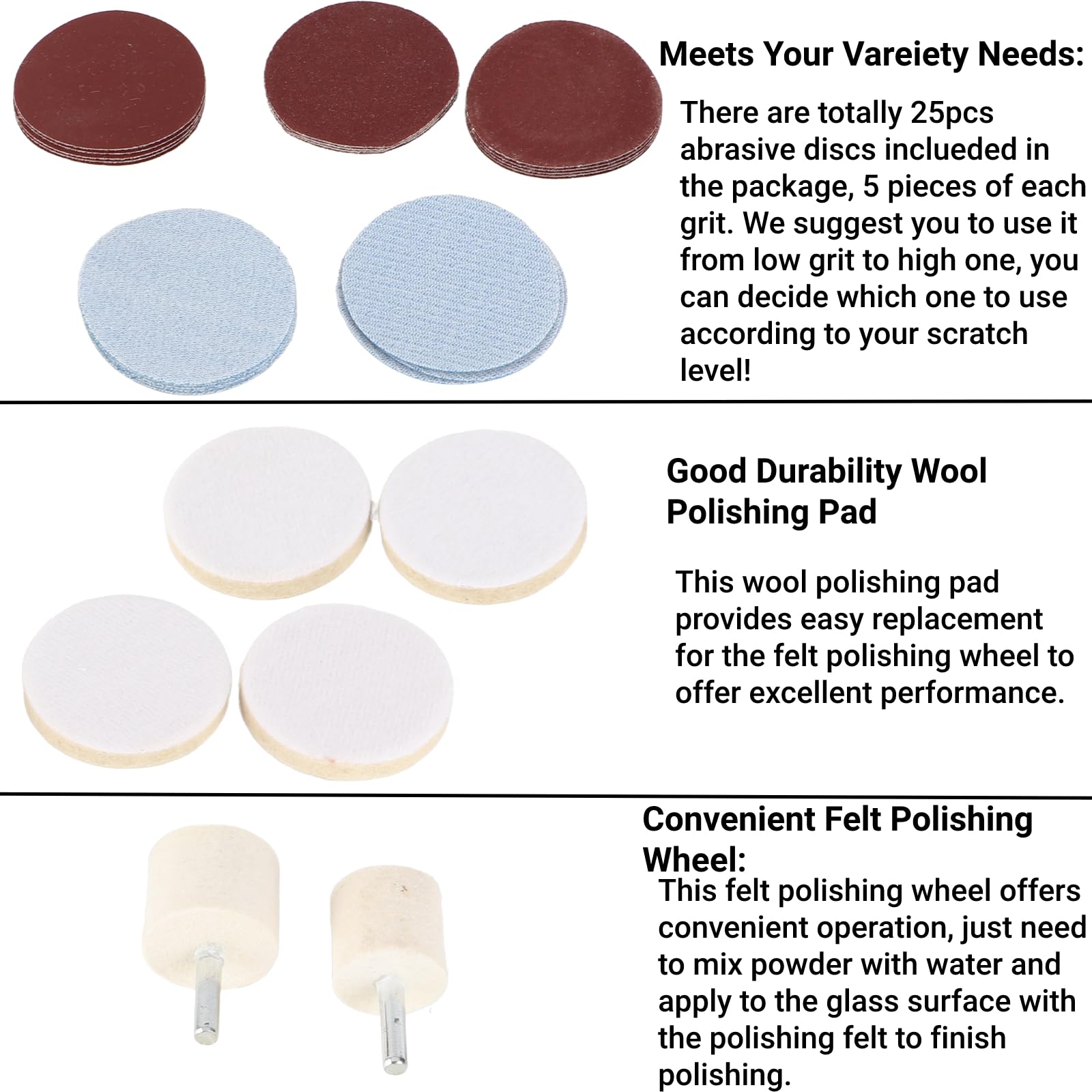 Windshield Scratch Remover Glass Polishing Kit Abrasive Discs Felt Pads for Auto Windshield Repair