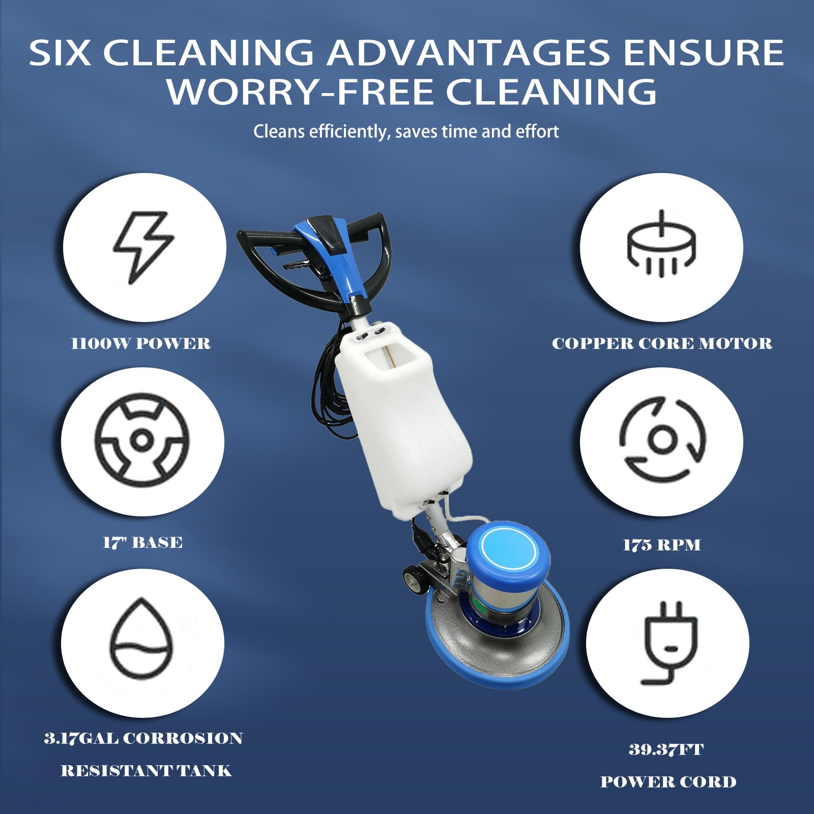 110V Floor Polisher Commercial Floor Scrubber Machine 17" Cleaning Path Carpet Buffer Scrubber with 3.1gal Water Tank 175Rpm 1100W