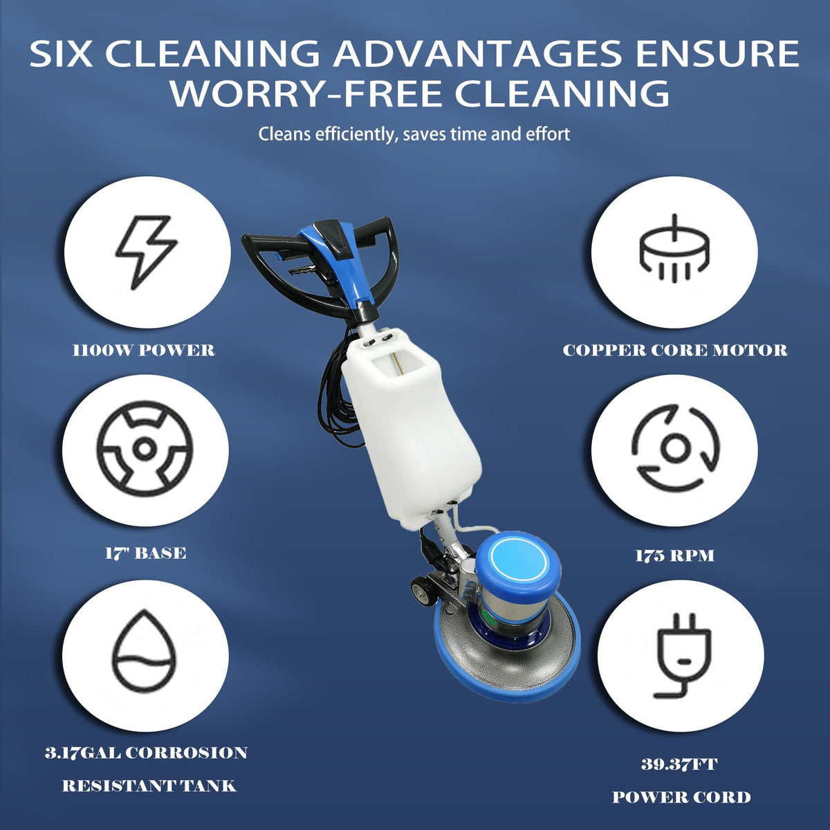 110V Floor Polisher Commercial Floor Scrubber Machine 17" Cleaning Path Carpet Buffer Scrubber with 3.1gal Water Tank 175Rpm 1100W