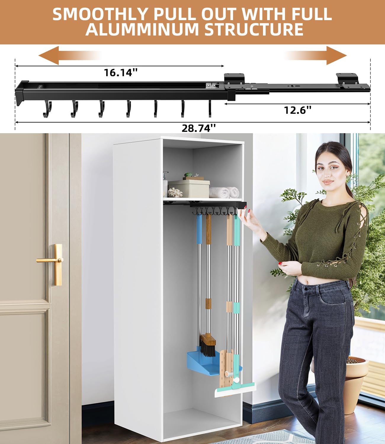 Pull Out Broom Holder With Adjustable Double Row Sliding Hook