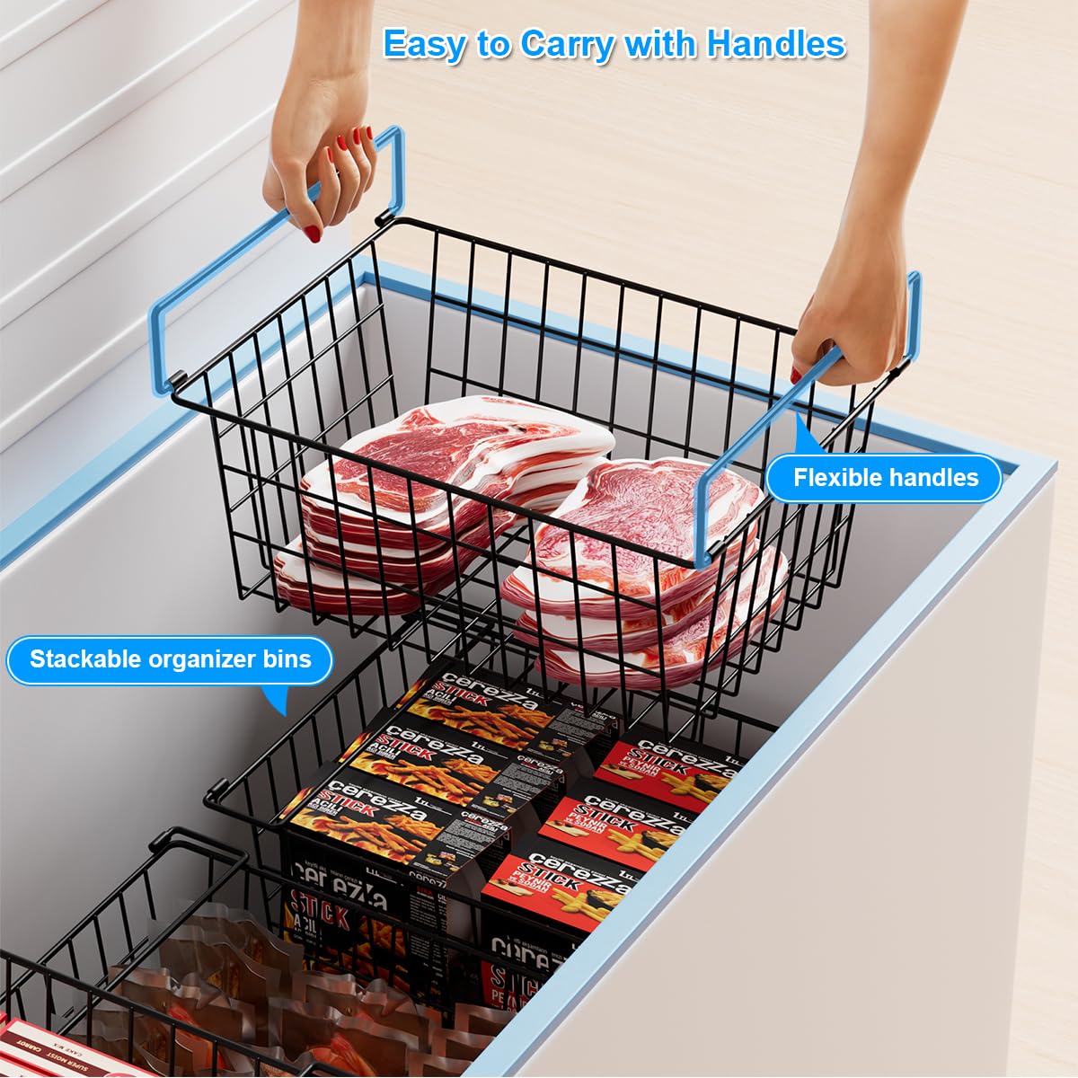 Stacking Freezer Organizer Bin Large Capacity Chest Freezer Baskets (4 Count)