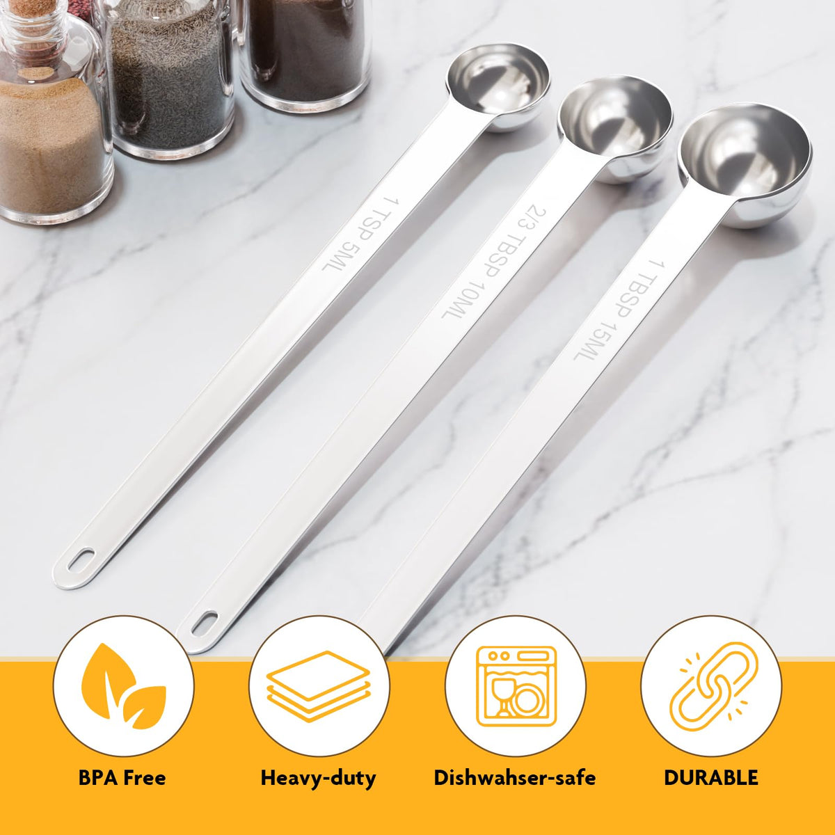 2PCS 2/3TBSP(10ml) Extra Long Handle Measuring Spoon, 18/8 Stainless Steel (2 Count)