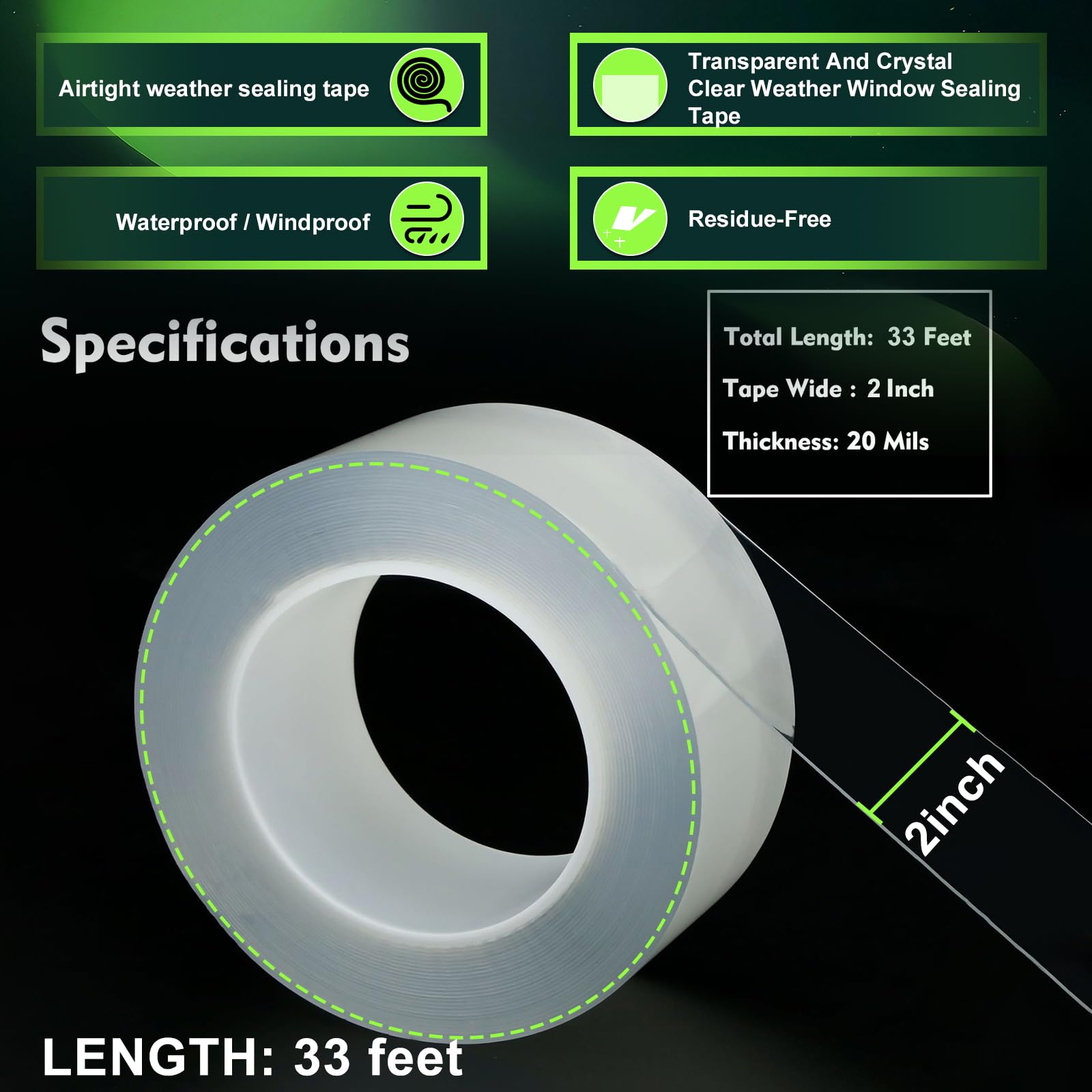 Transparent Window Weather Sealing Tape 2 Inch x 33 FT Weather Stripping Residue (33 Foot)