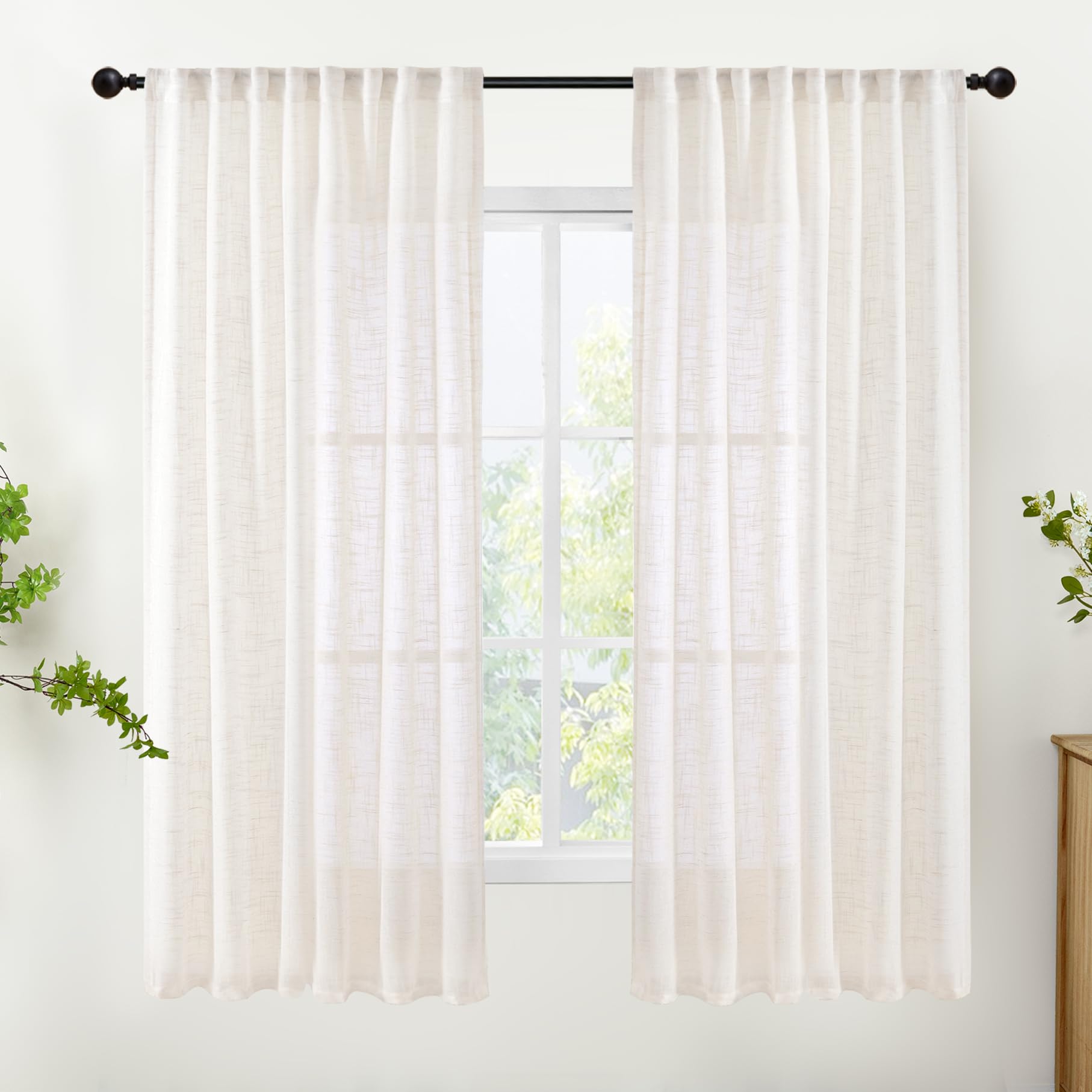 Natural Linen Semi Sheer Curtains 63 Inch Length 2 Panels (2 Count)