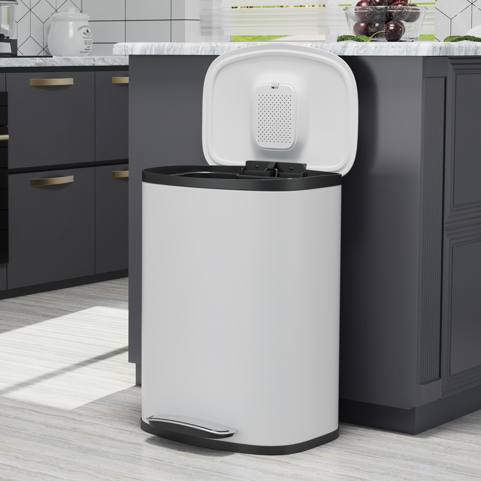 13 Gallon Stainless Steel Foot Pedal Large Trash Can with Soft Close Quiet Curved Surface Top Lid and Deodorant Storage Space