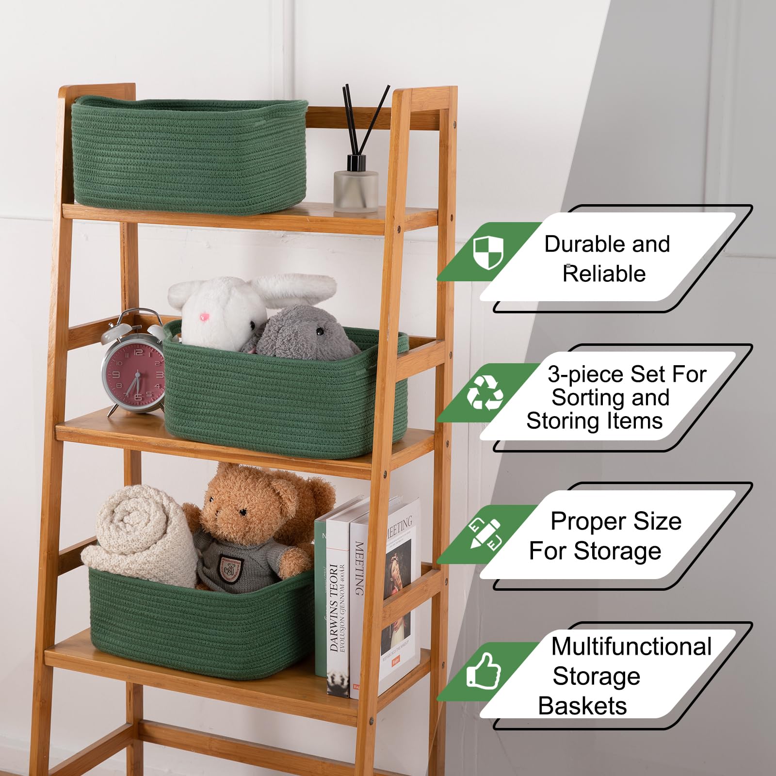 3 Pack Storage Baskets for Shelves Cotton Rope Storage Bins Green (3 Count)