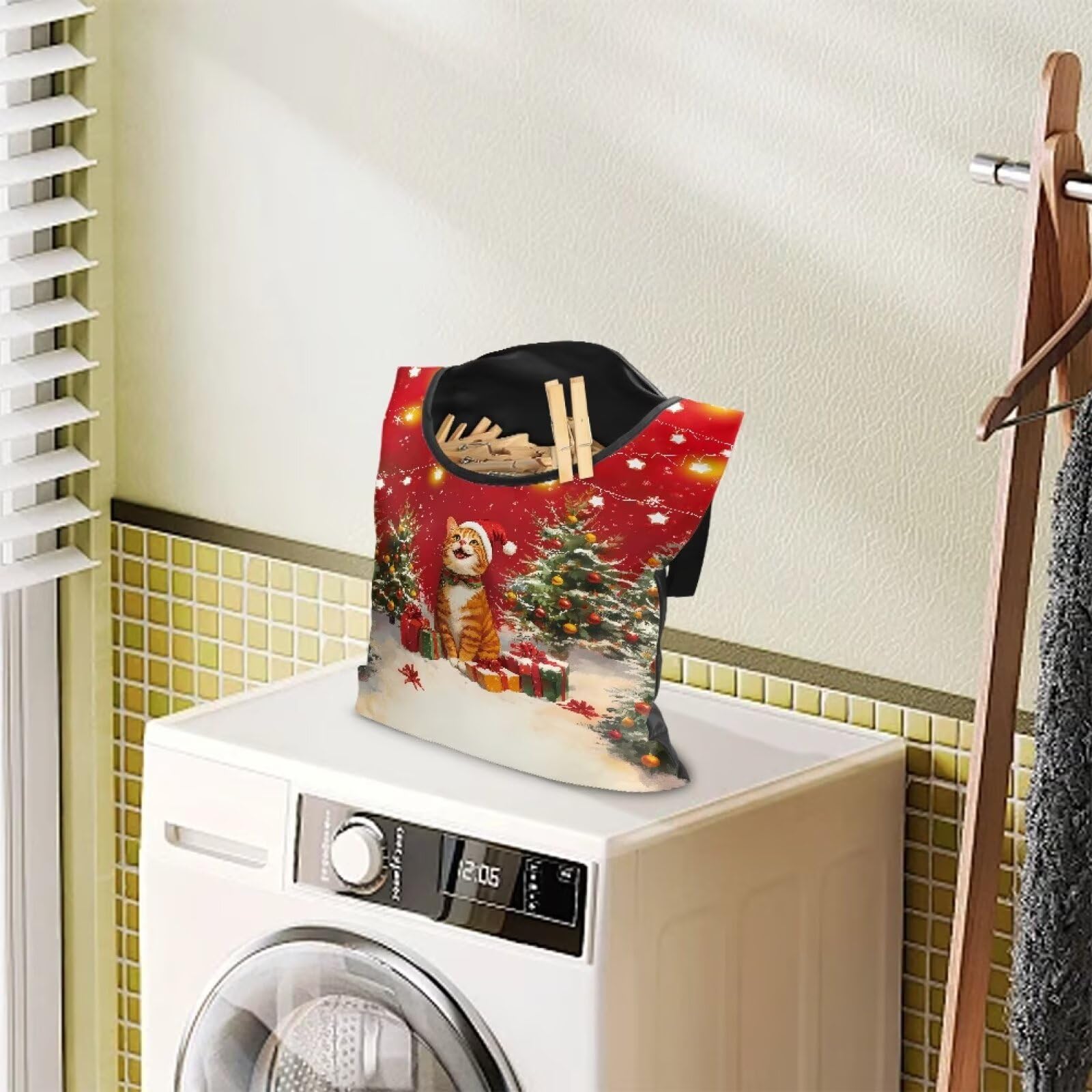 2025 Christmas Cat Waterproof Clothespin Bag with Hanging Rope