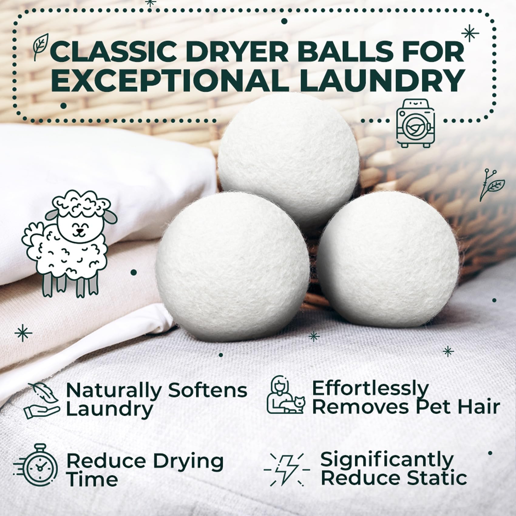 Chemical Free & Baby Safe! Reusable Wool Dryer Balls XL 6 (6 Count)