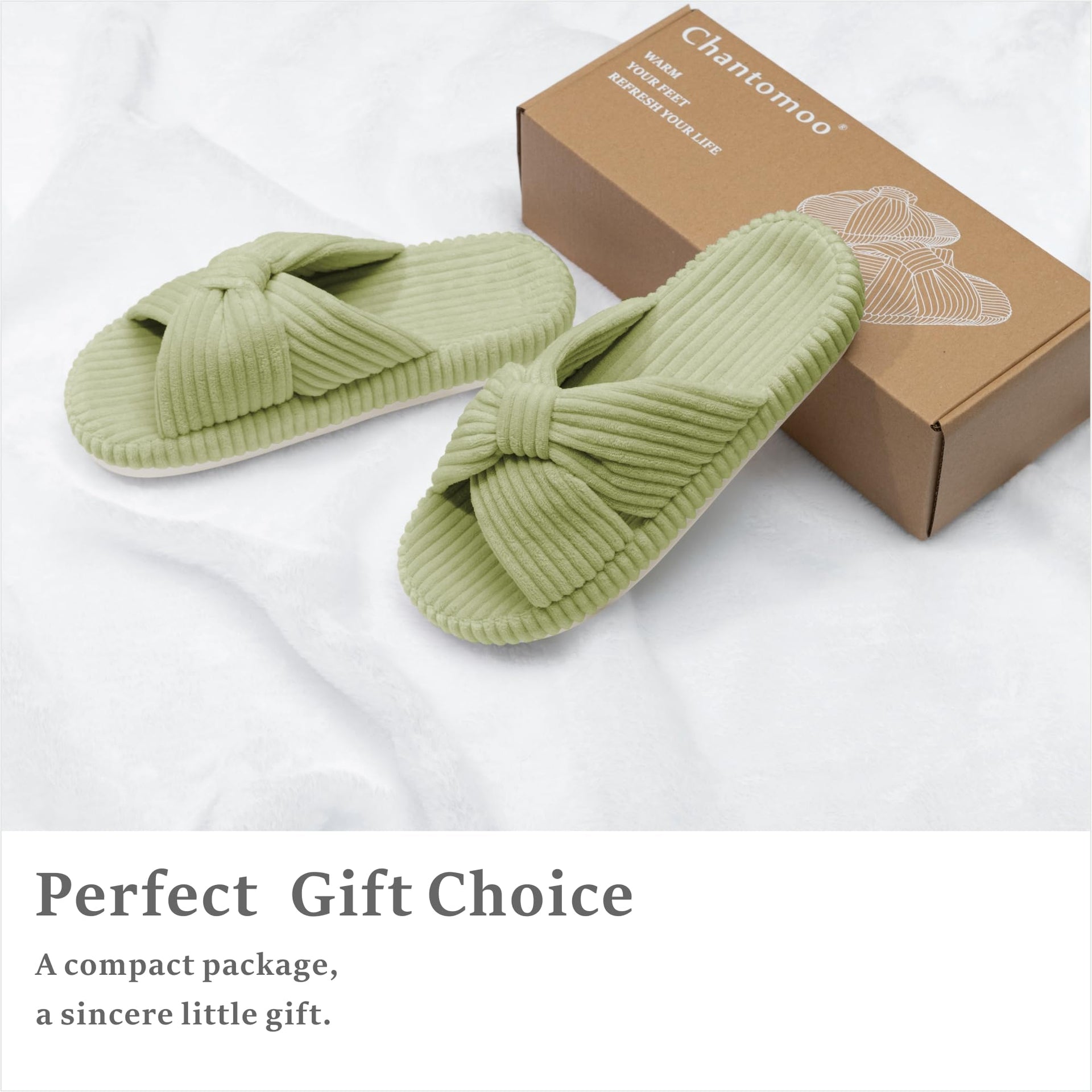 Slippers for Women Memory Foam House Bedroom Corduroy Bow Crossbands Slipper Shoes Comfy Trendy Gift Slippers Avocado Green Size 7 8 6.5