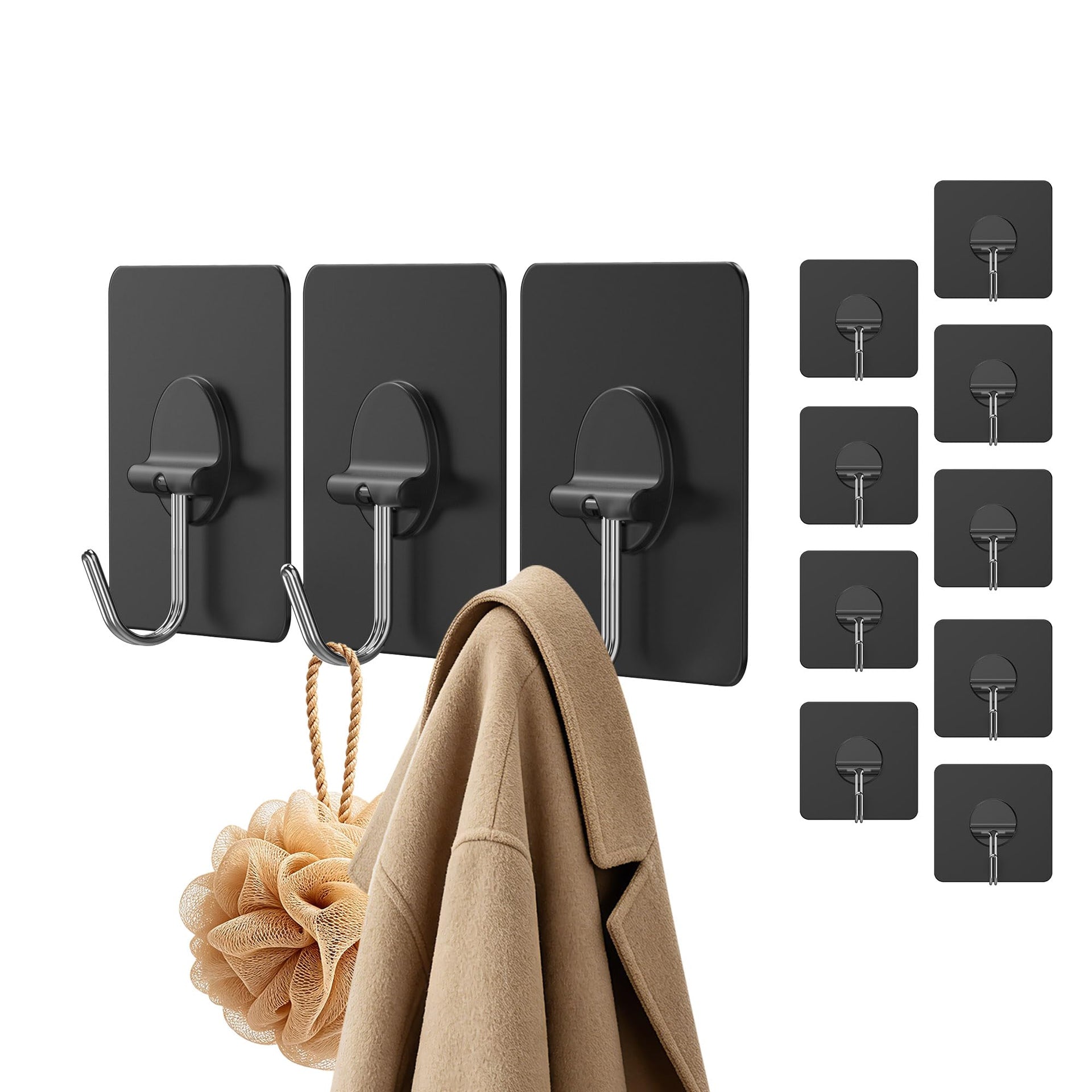 Adhesive Wall Hooks No Drill Black Heavy Duty (12 Count)