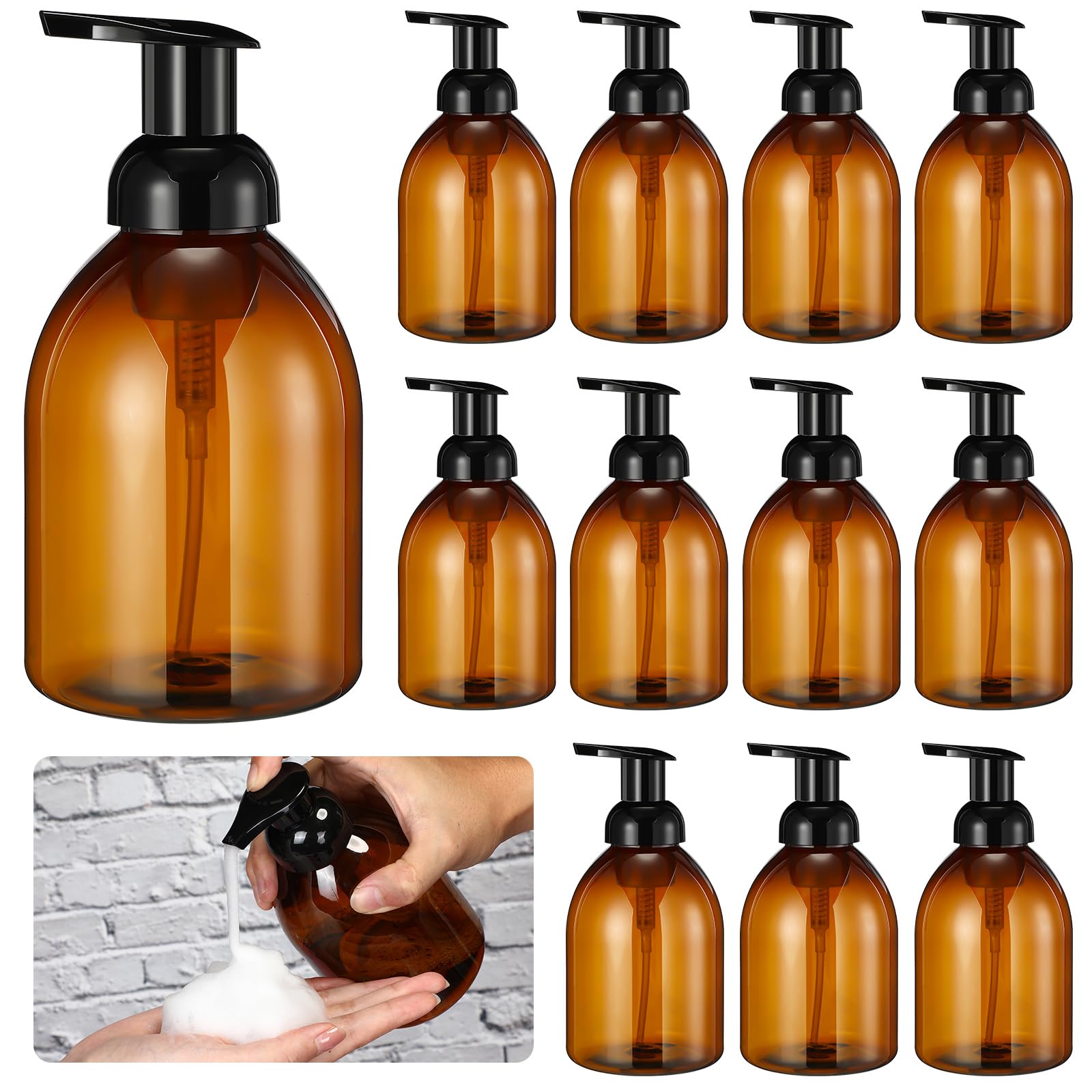 16 Pcs 17 oz Amber Foaming Soap Dispenser Refillable Foam Pump Bottle Liquid Plastic Container for Kitchen Bathroom Commercial Concentrated or Regular Shampoo Body Wash Dish Liquid Soap (16 Count)