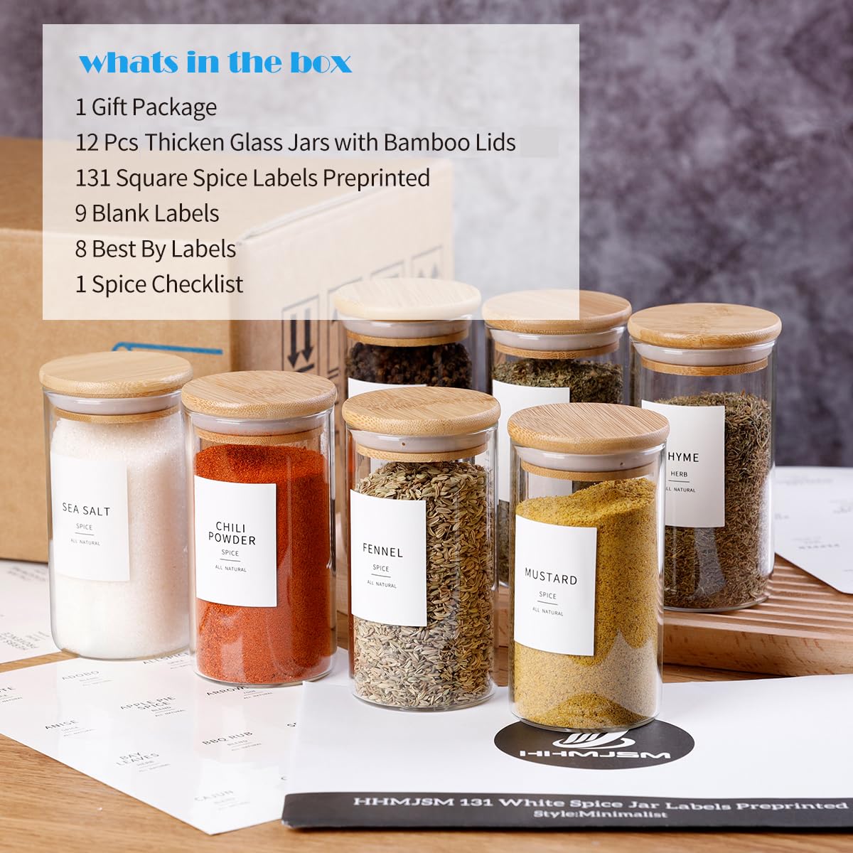 12 Pcs Glass Spice Jars With Bamboo Airtight Lids
