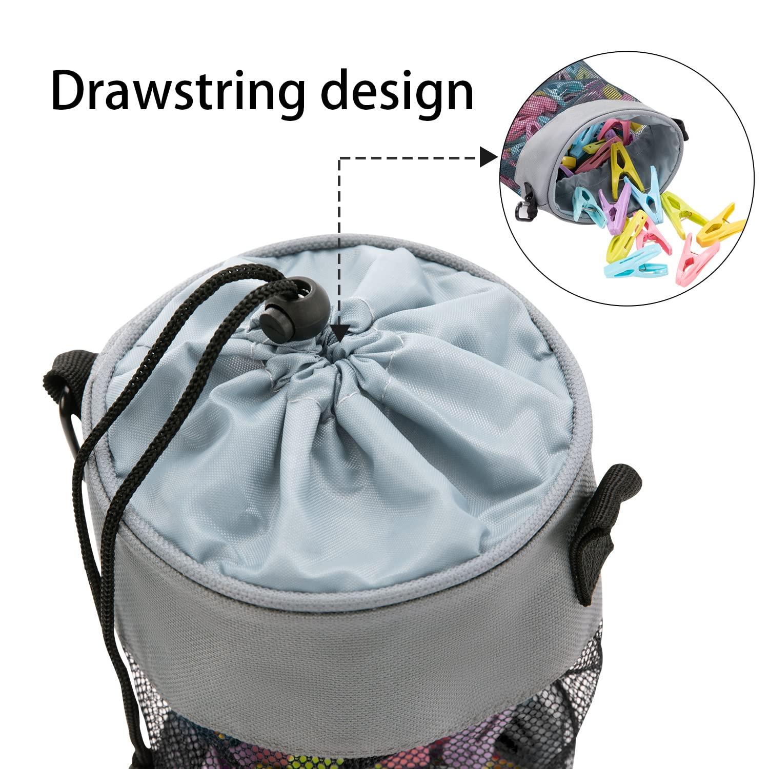 Mesh Clothespin Bag with Hooks Hanging Clothes Pin Bag with Drawstring Closure Clothespin Holder