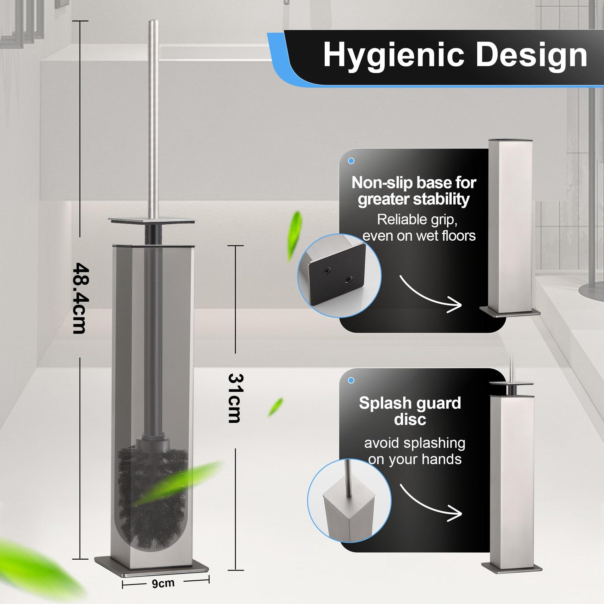 Toilet Brush and Holder Set Brushed Nickel Stainless Steel 304 Square Freestanding Toilet Brush for Bathroom
