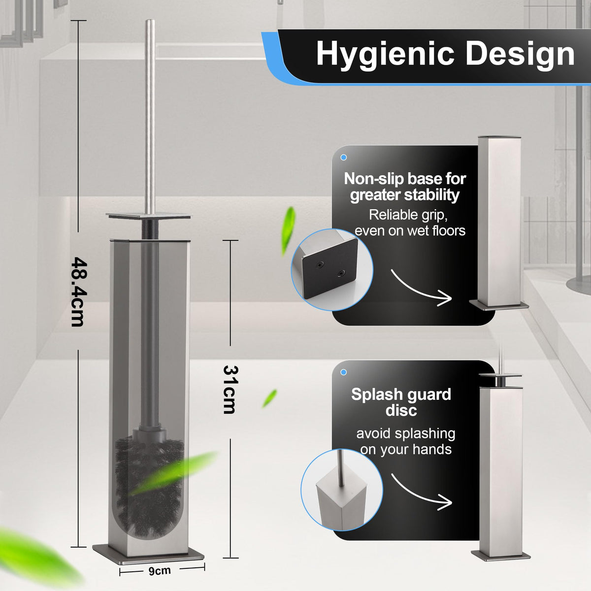 Toilet Brush and Holder Set Brushed Nickel Stainless Steel 304 Square Freestanding Toilet Brush for Bathroom