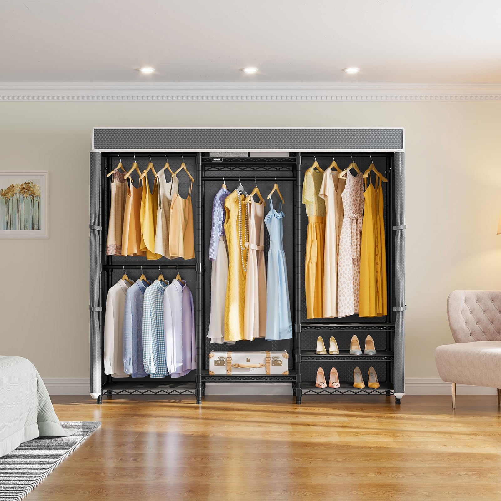 V5C Medium Covered Clothes Rack Heavy Duty Portable Closet Wardrobe