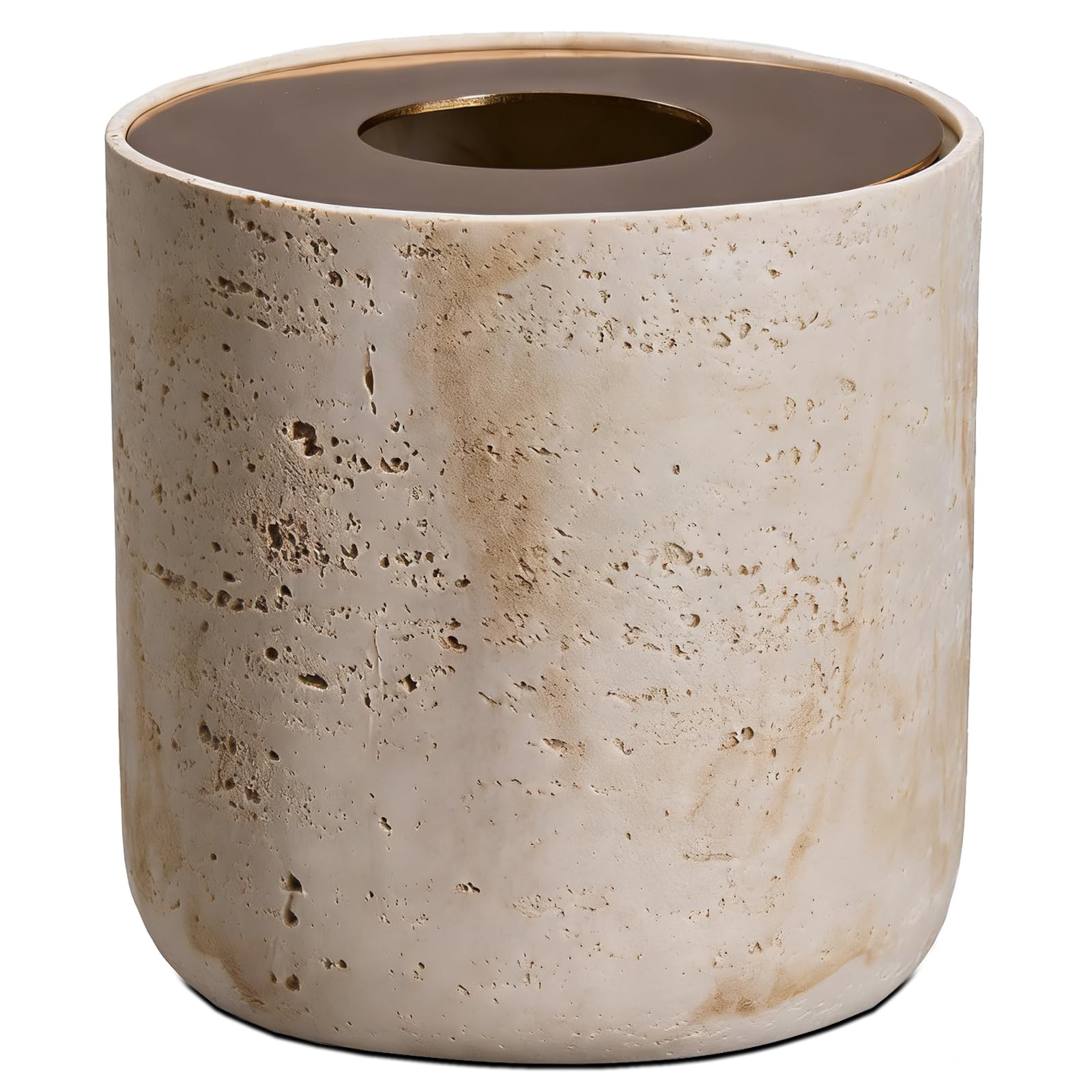 Natural Travertine Textures Mini Trash Can with Rose Gold Stainless Steel Lid
