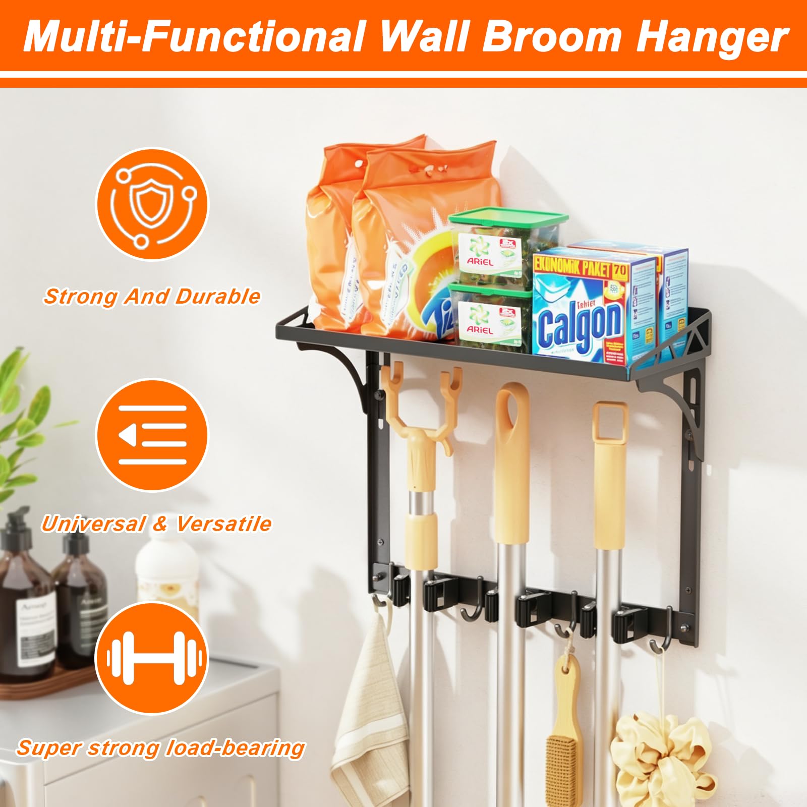 Broom Holder Wall Mount with Cleaning Supplies Organizer