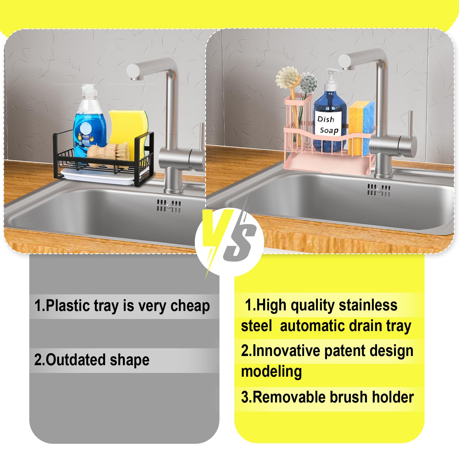Maifan Sink Caddy Sponge Holder for Kitchen with Brush Holder and Stainless Steel Self Drain Tray