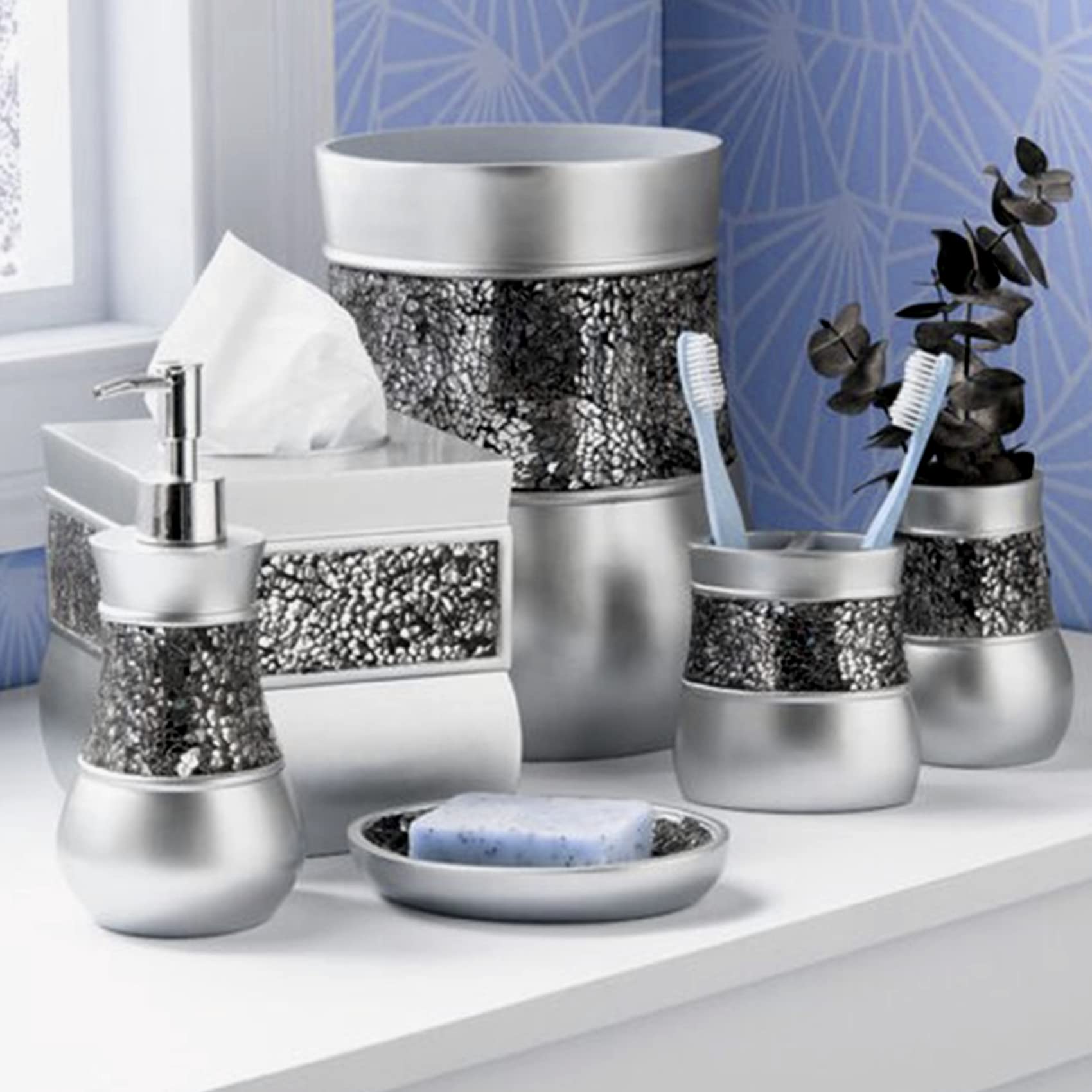 Crackled Glass Silver Small Bathroom Trash Can 2.06 Gal