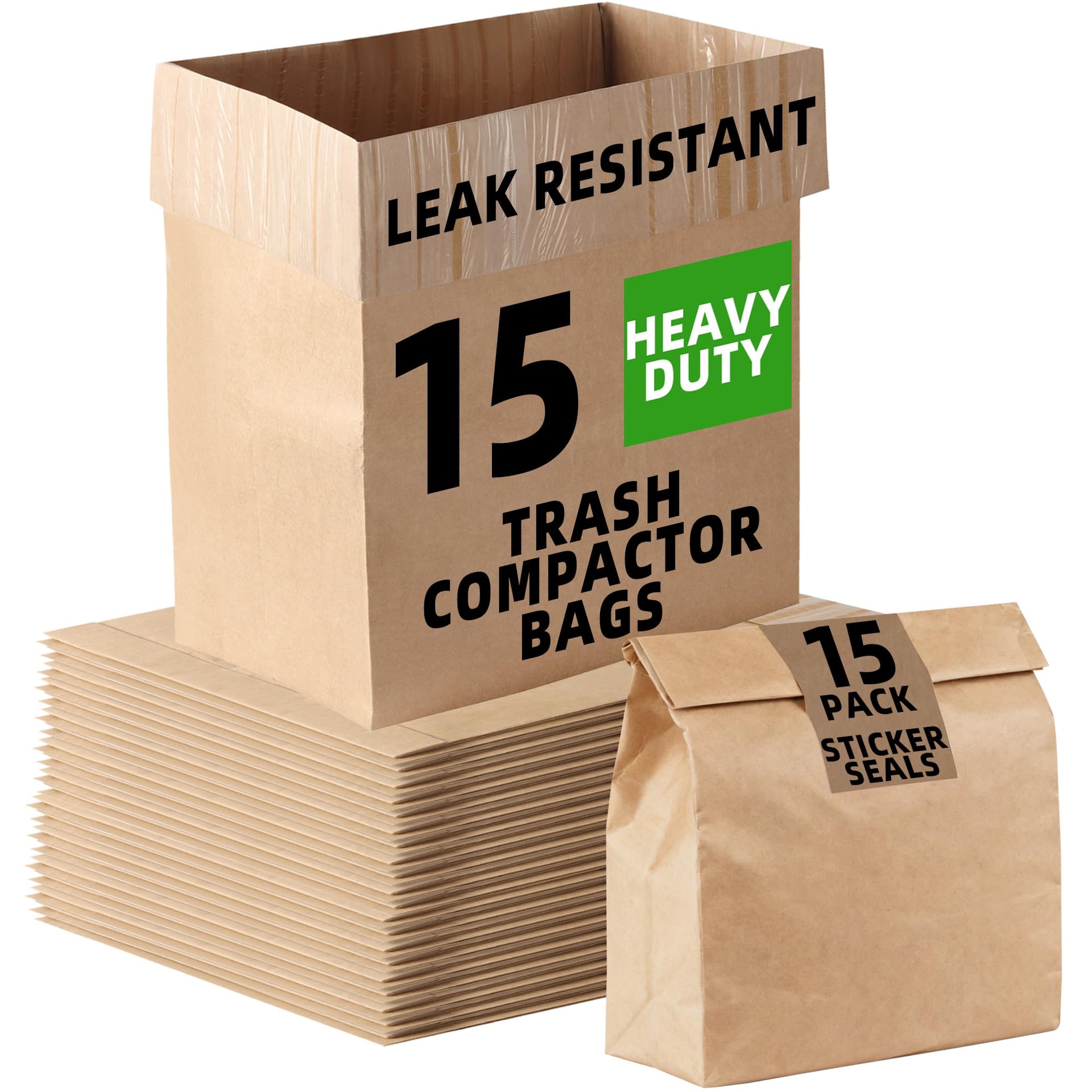 15-Pack) Calvana Super Strong Compactor Bags, Heavy-Duty Kitchen Paper Trash Bags with Leak Proof Plastic Liner, Fits GE Model Compactors with Rectangular Containers, Includes 15 Sticker Seals (15 Count)
