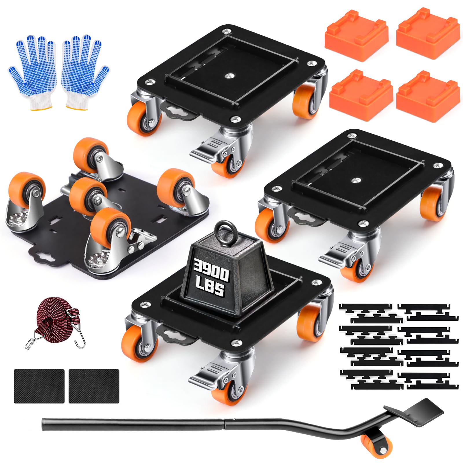 Furniture Dolly 5 Wheels Heavy Duty with Removable Side Guards 3900Lbs Capacity 360°Rotating Wheels Side Brake 5 Rollers Casters Cart Furniture Movers Lifter Tool for Sofas Beds Appliances Safe (4 Count)