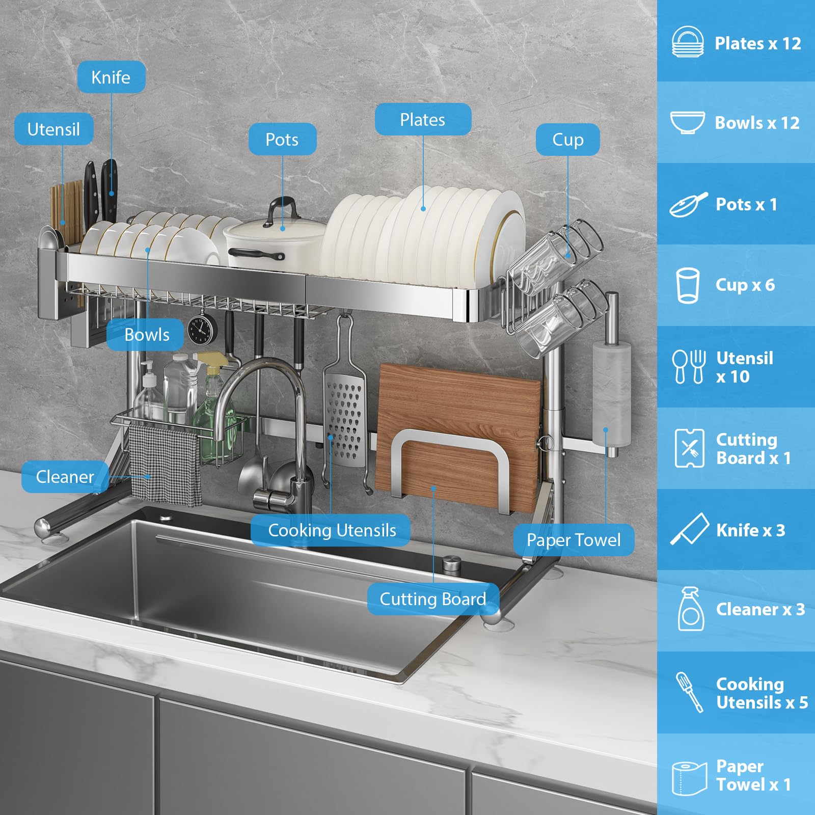 Over The Sink Dish Drainer Drying Rack 2 Tier Adjustable Width