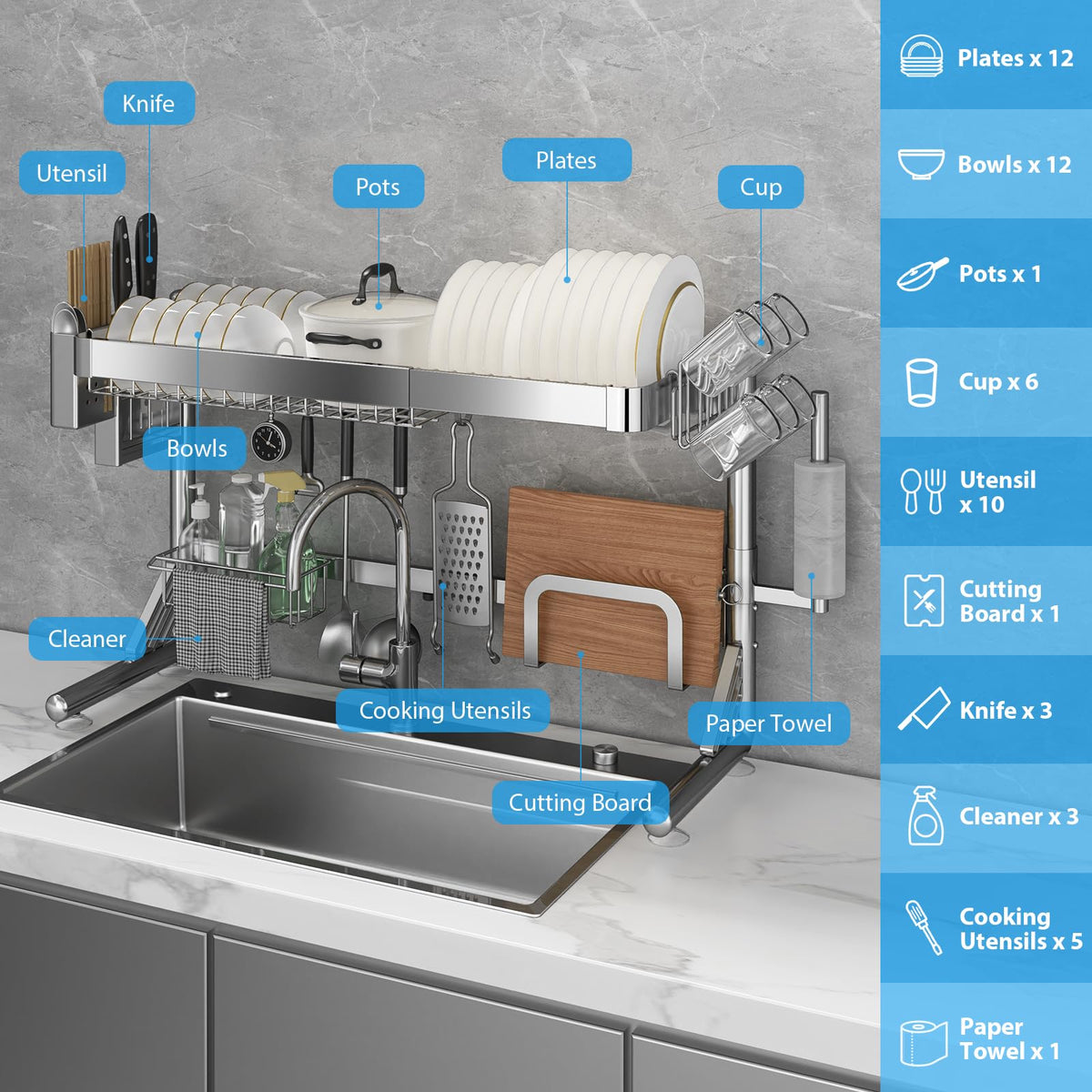 Over The Sink Dish Drainer Drying Rack 2 Tier Adjustable Width