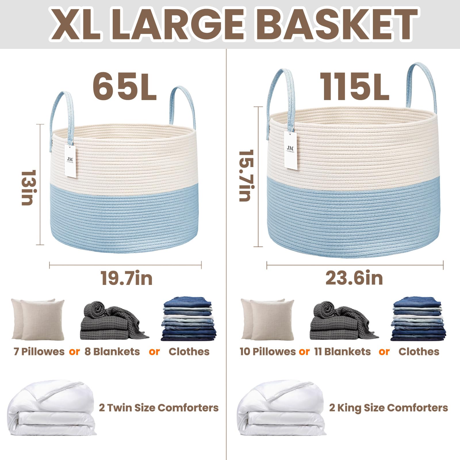 115L Extra Large Machine Washable Cotton Rope Blanket Basket