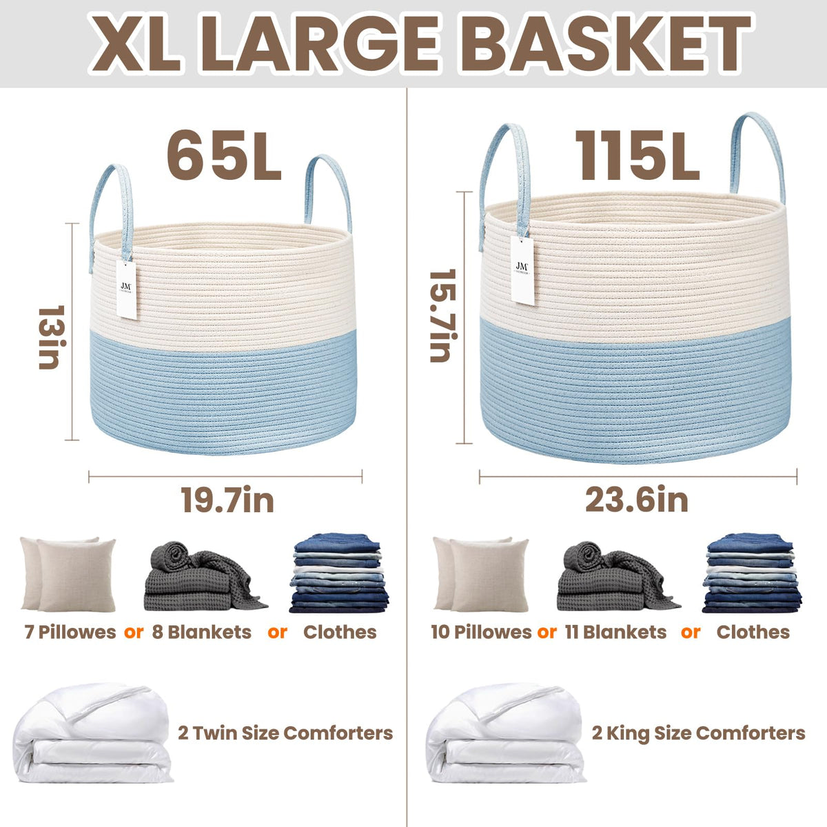 115L Extra Large Machine Washable Cotton Rope Blanket Basket