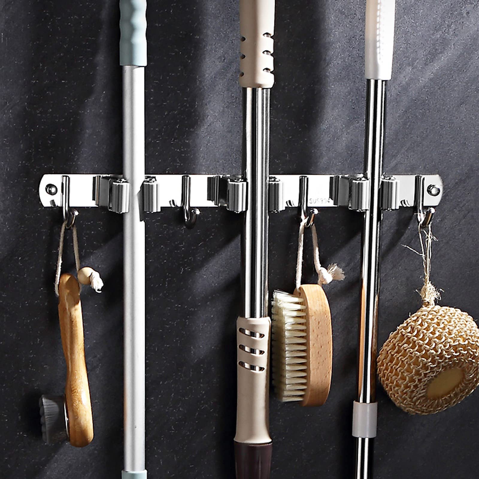 Stainless Steel Broom Holder Bathroom Storage Wall Mount Metal Holder for Heavy Duty Tool Organizer