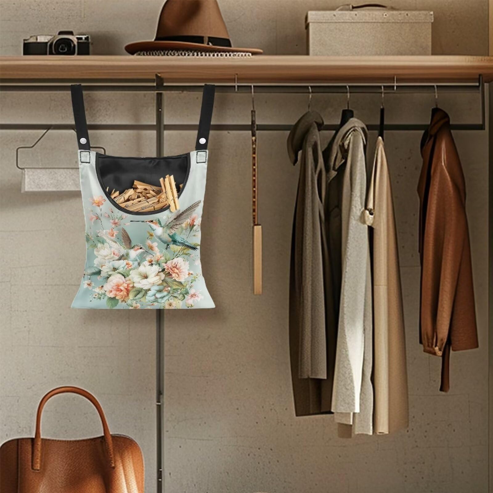 Hummingbird Floral Clothes Pin Bag to Hang On Line Reusable Clothespin Holder Laundry Room Clothespin Holder with Large Opening Space